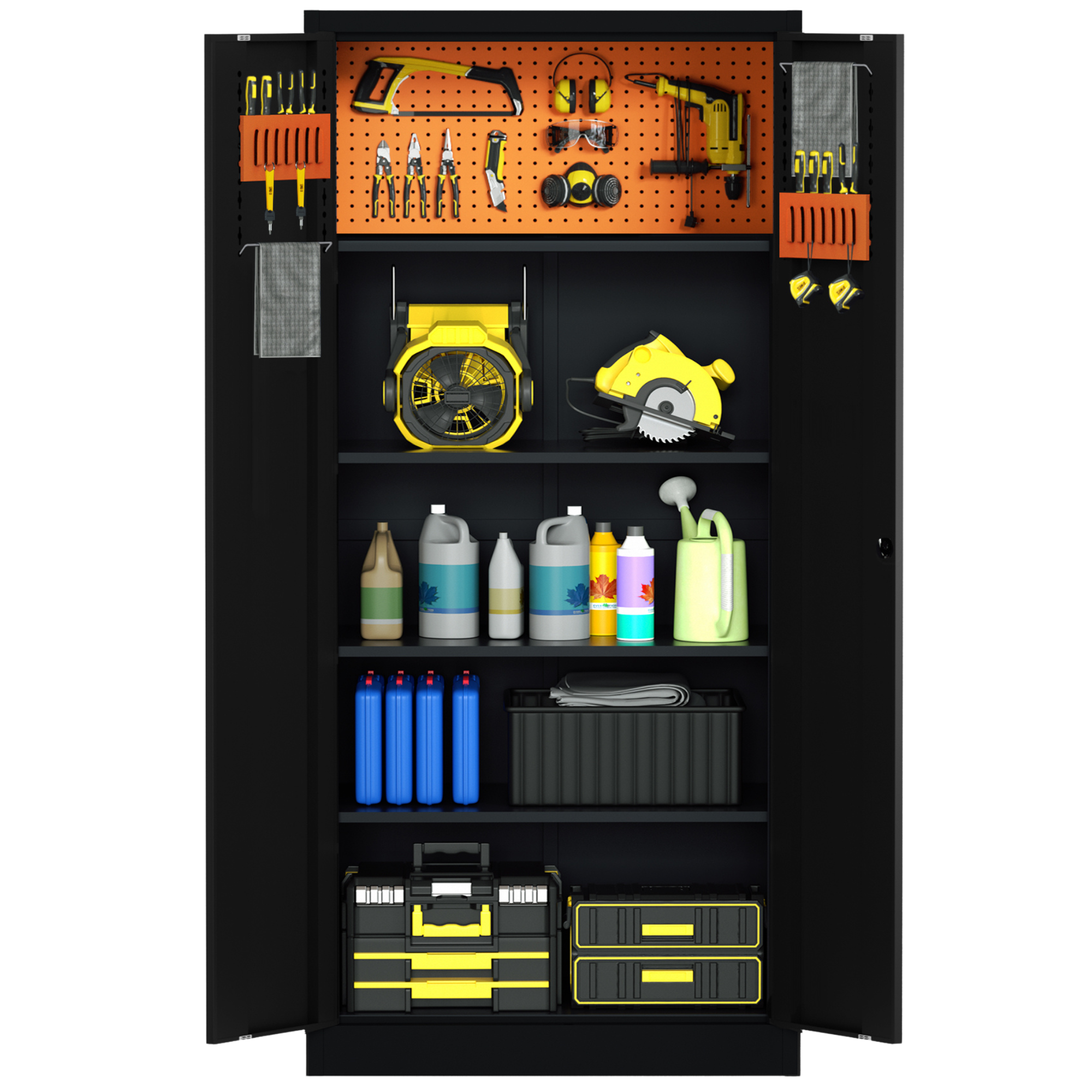 Armario de Herramientas iOffice, Acero, 4 Estantes ajustables + Tablero perforado, Color negro.