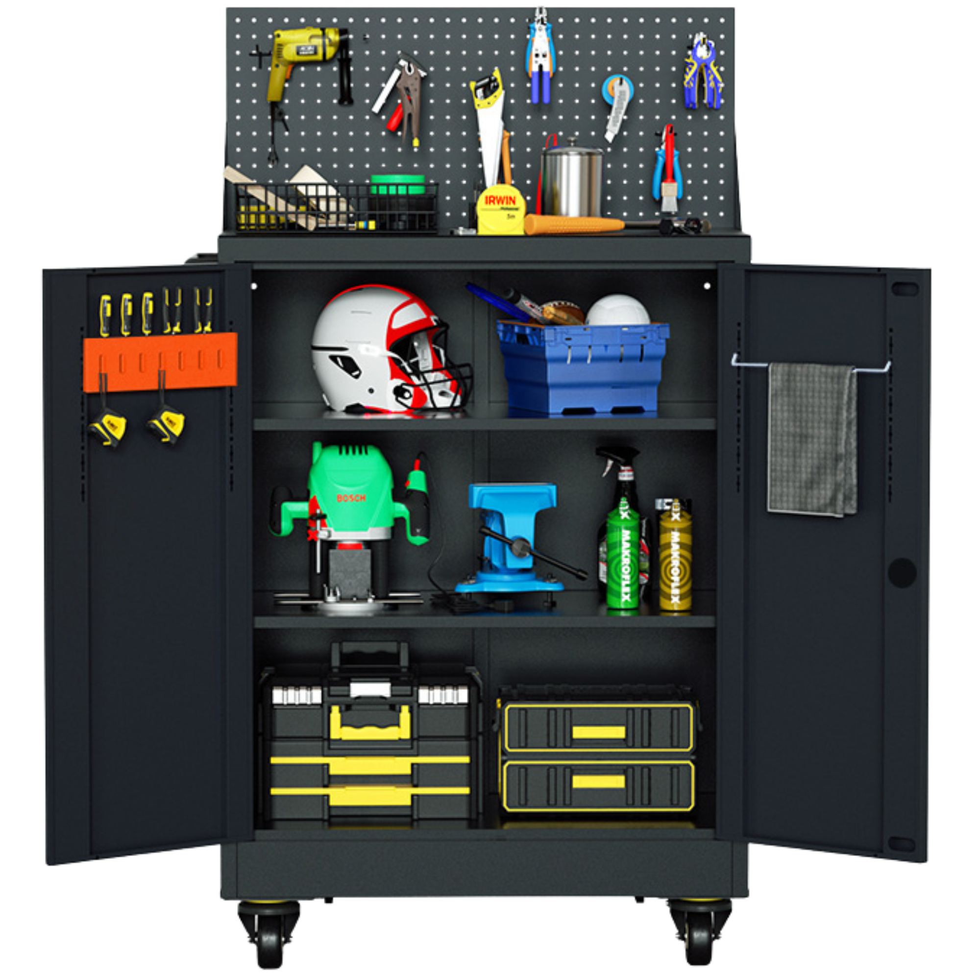 Carro de herramientas iOffice, Acero, 2 Estantes ajustables + Tablero perforado, Ruedas pesadas, Color Negro.
