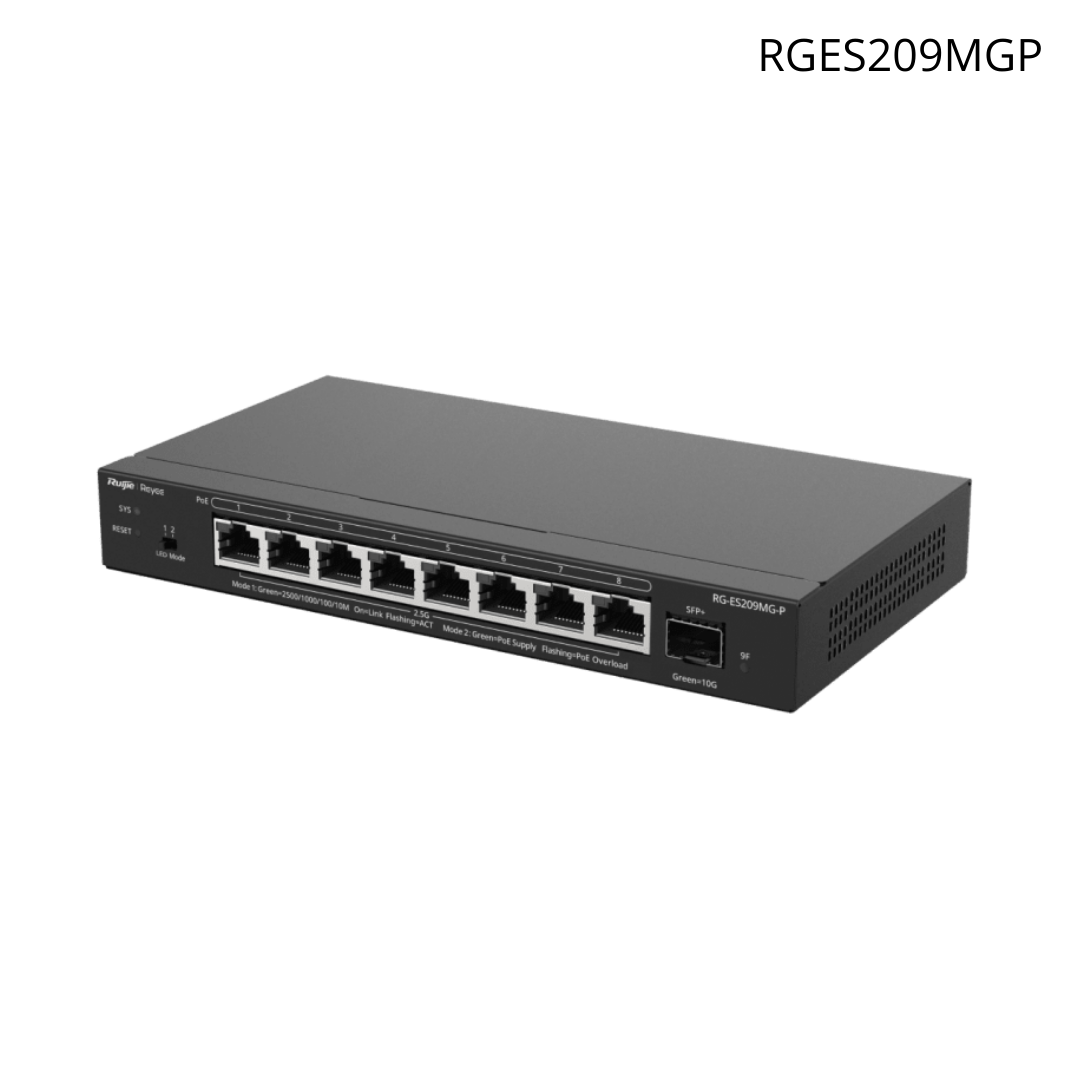 Switch Ruijie administrable capa 2 con PoE+ multigigabit, 8 puertos 2.5 gb y 1 SFP+ 10G, hasta 130 W RGES209MGP