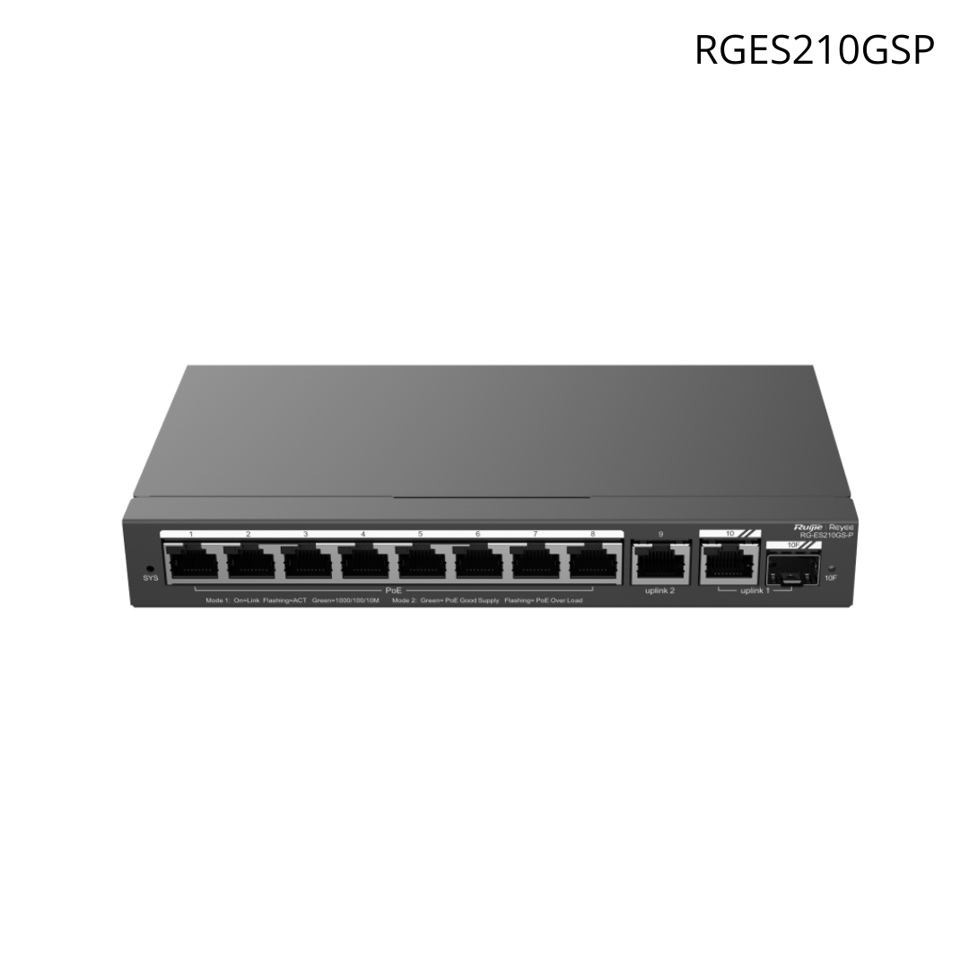 Switch Ruijie administrable PoE 8 puertos gigabit PoE 802.3 AF/AT, gestión desde la nube, 120 W RGES210GSP