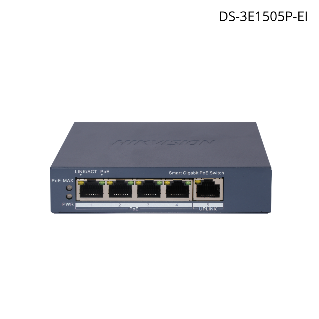 Switch HIKVISION gigabit PoE + administrable 4 puertos configuración nube hasta 300 mts + 1 UpLink DS-3E1505P-EI