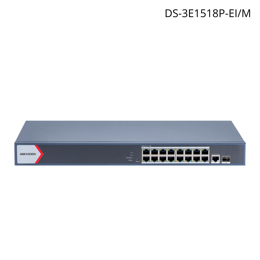 Switch HIKVISION 16 puertos gigabit PoE + administrable nube 300 mts + 1 UpLink + 1SFP DS-3E1518P-EI/M