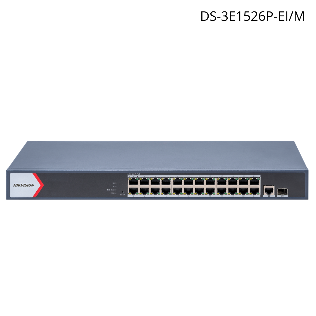 Switch HIKVISION 24 puertos gigabit PoE + administrable en nube +1 UpLink + 1SFP 300mts DS-3E1526P-EI/M