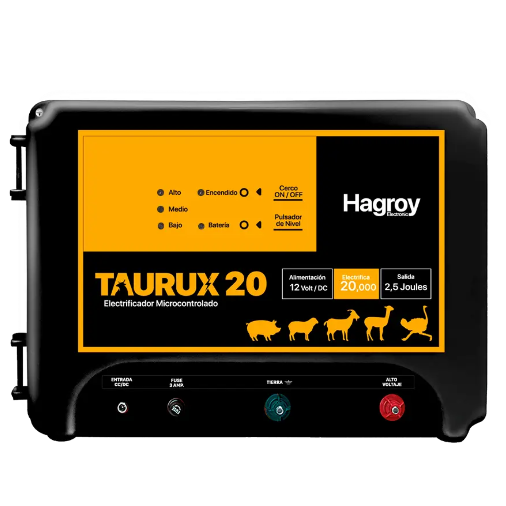 KIT ENERGIZADOR GANADERO TAURUX20K (HAGROY) PANEL SOLAR 30W, SOPORTE PANEL, FUENTE 1.7A, CONTROLADOR