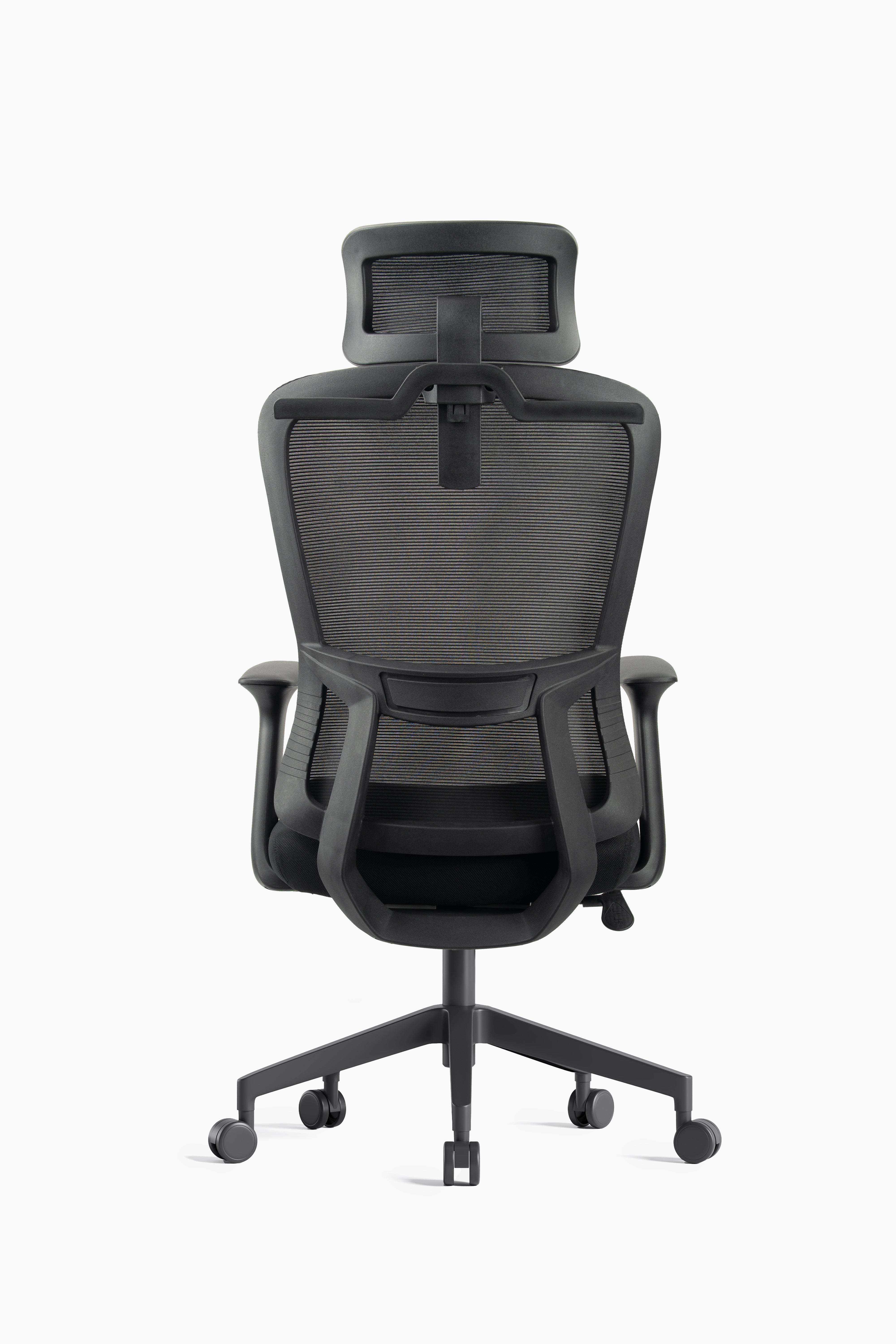 Silla ejecutiva respaldo alto, malla negra, reposacabezas ajustable, apoyabrazos fijos y base nylon | IOFF-M709