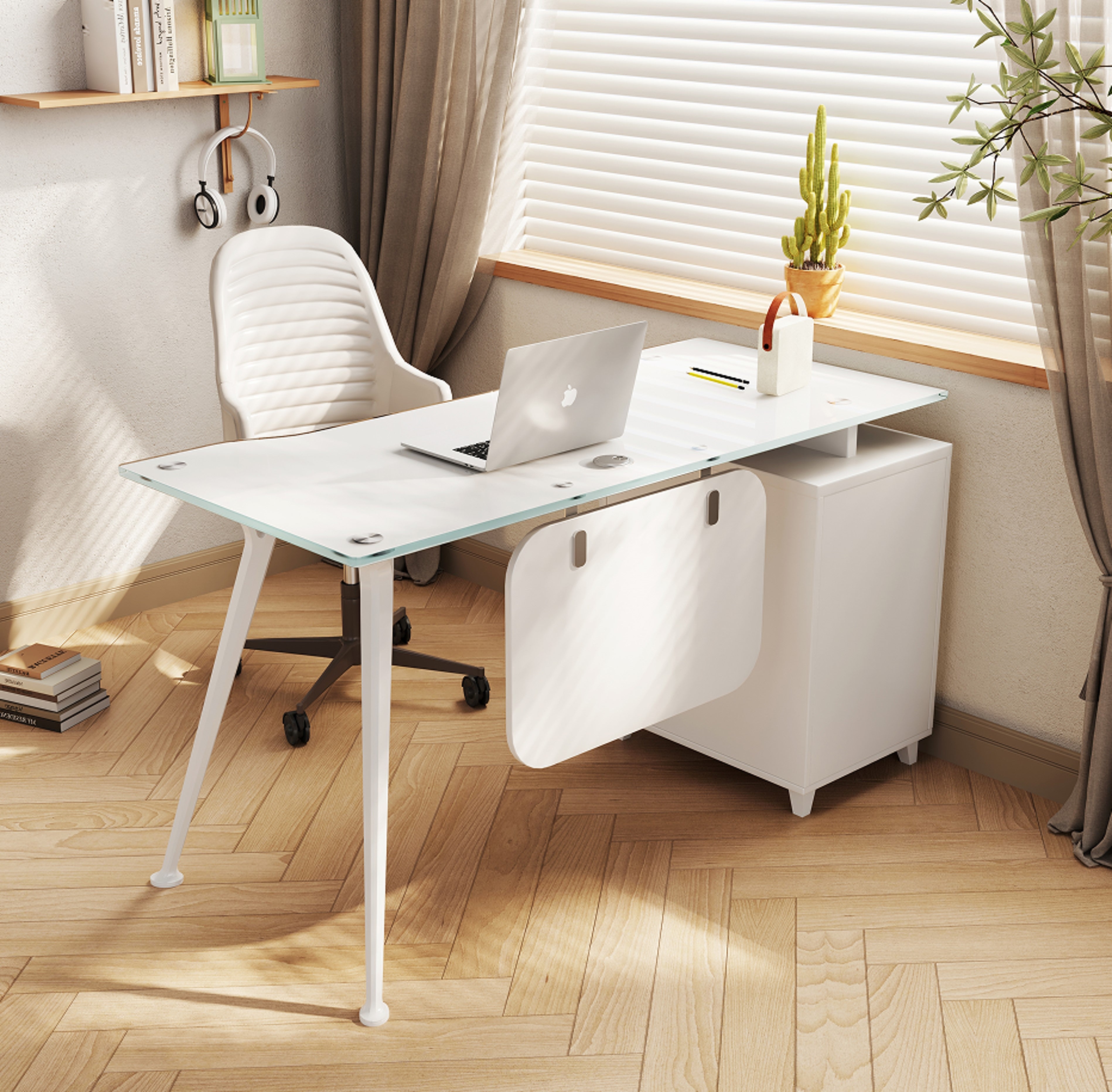 ESCRITORIO SIT COLOR BLANCO+GRIS, BASE CUADRADA VIDRIO TEMPLADO, 3 GAVETAS, W120CMxD60CMxH75CM