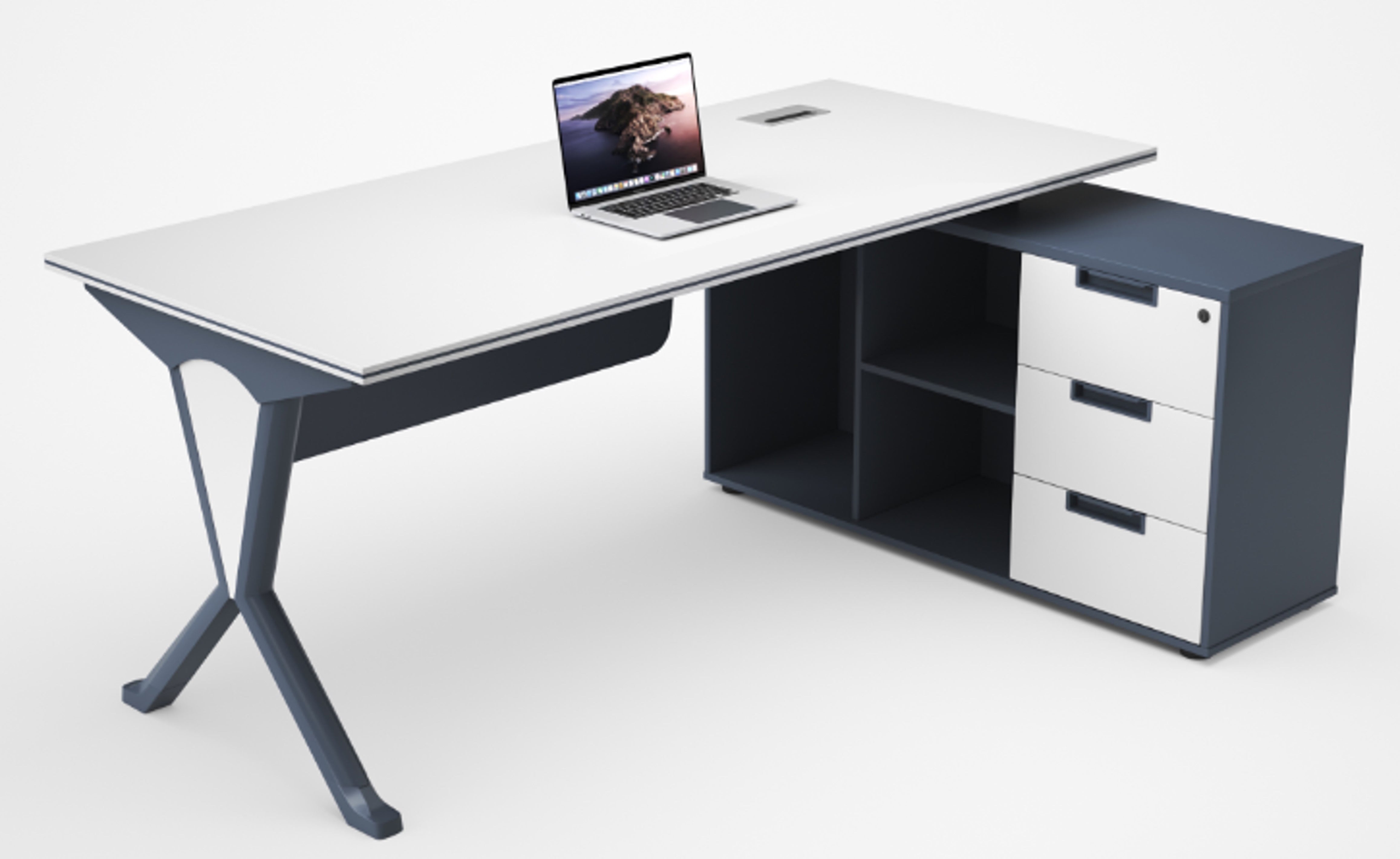 ESCRITORIO SIT TIPO L, BLANCO+AZUL NAVY, BASE CUADRADA,3 GAVETAS, 3 ALMACENAMIENTOS, W140xD70xH75cm