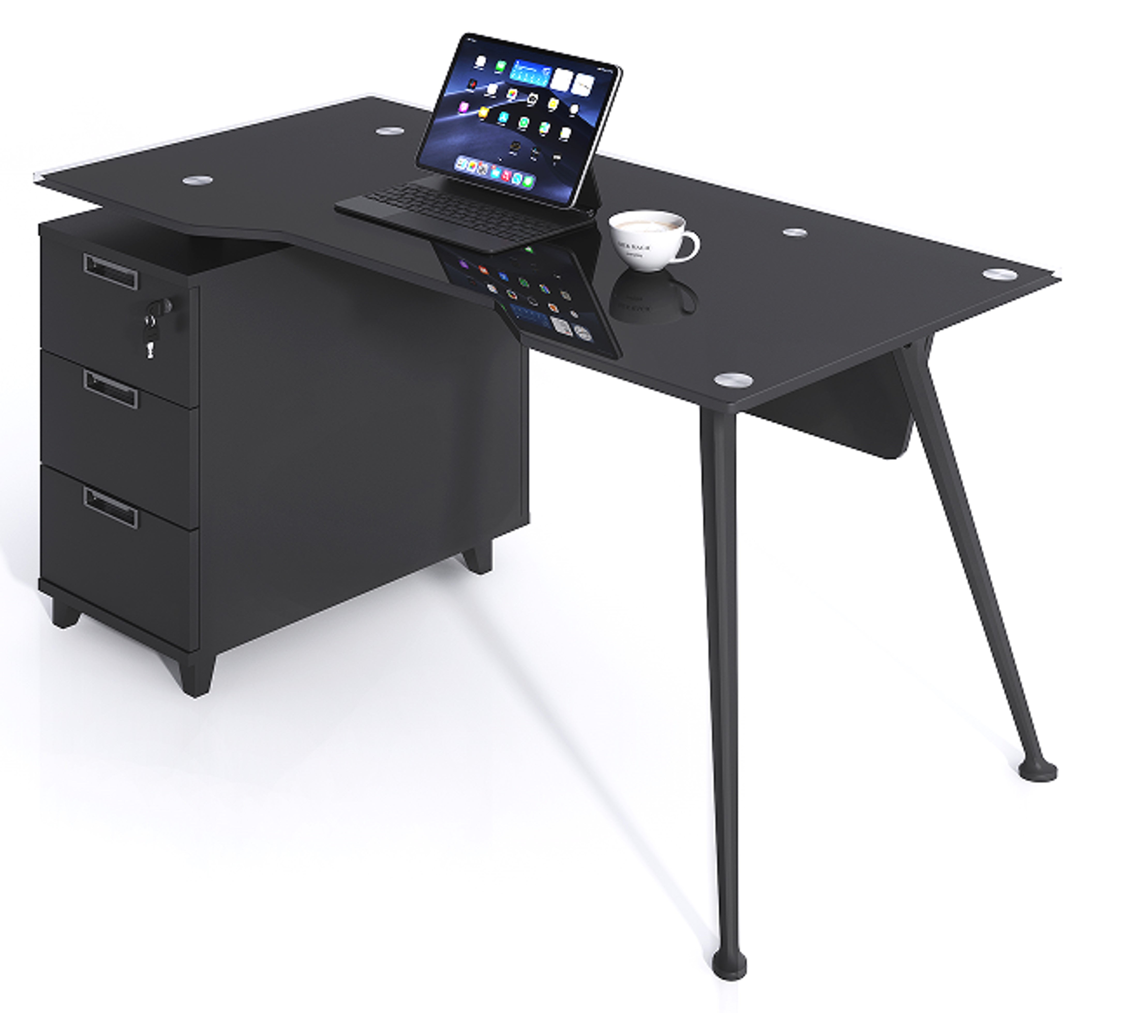 ESCRITORIO SIT COLOR NEGRO, BASE CUADRADA VIDRIO TEMPLADO, 3 GAVETAS, W120CM x D60CM x H75CM