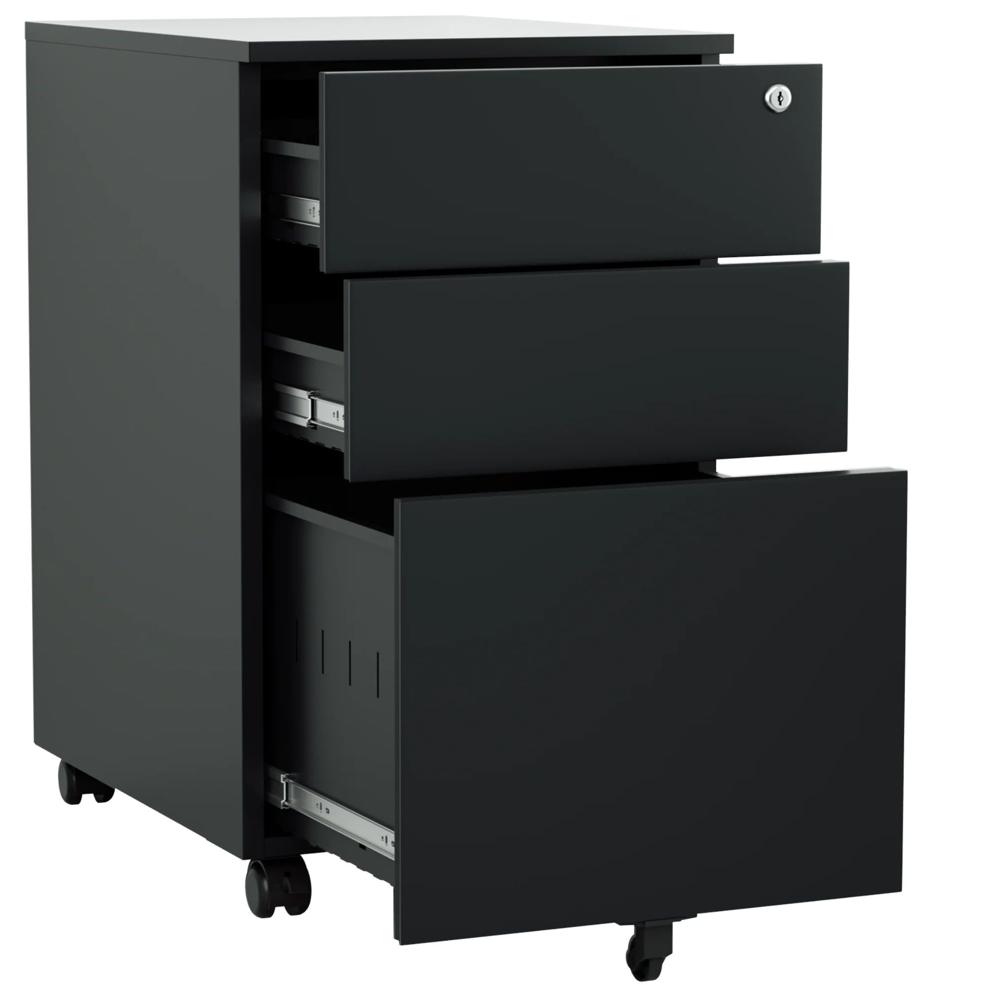 Archivador Móvil iOffice (Gavetero) 3 Gavetas, Acero, 1 cerradura, 2 llaves, Color negro.