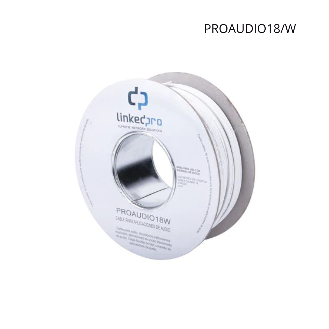 Bobina de Cable LinkedPro 152Mts para Salidas de Audio, Calibre 18 en 2 Hilos, Color Blanco.