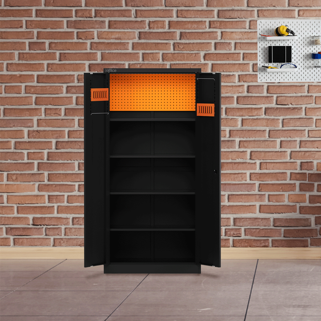 Armario de Herramientas iOffice, Acero, 4 Estantes ajustables + Tablero perforado, Color negro.