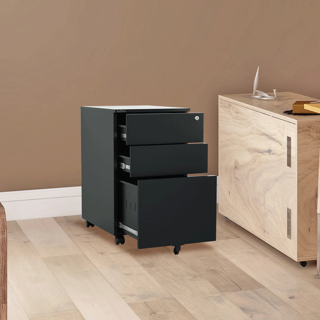 Archivador Móvil iOffice (Gavetero) 3 Gavetas, Acero, 1 cerradura, 2 llaves, Color negro.