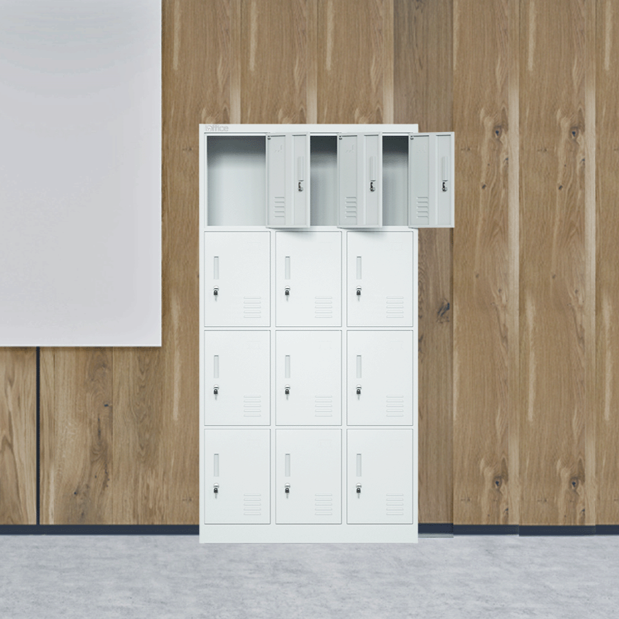 Casillero Metálico (Locker) iOffice, 12 Puertas, Acero, Color gris Claro, Ventilación + Porta tarjeta.