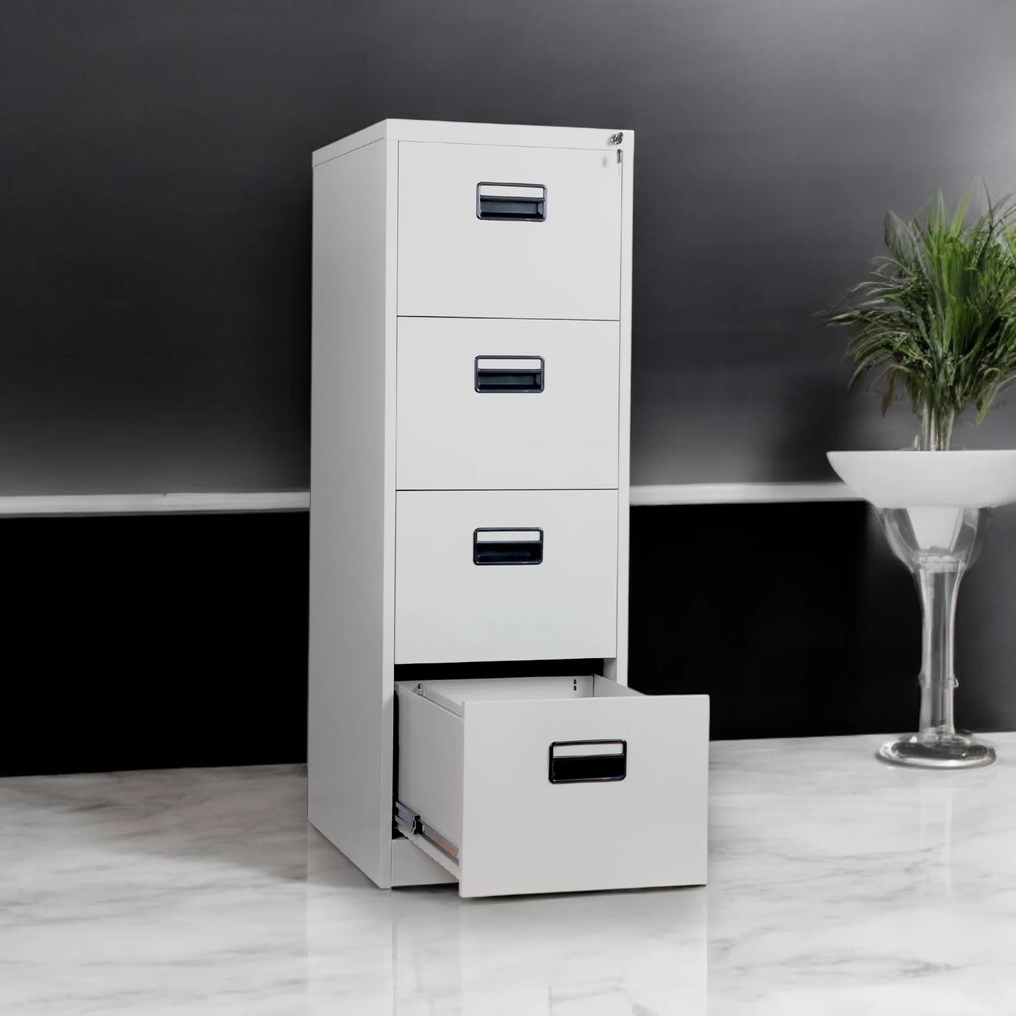 Archivero Vertical iOffice, 4 Cajones, Acero, Color gris claro, Cerradura con 2 llaves.