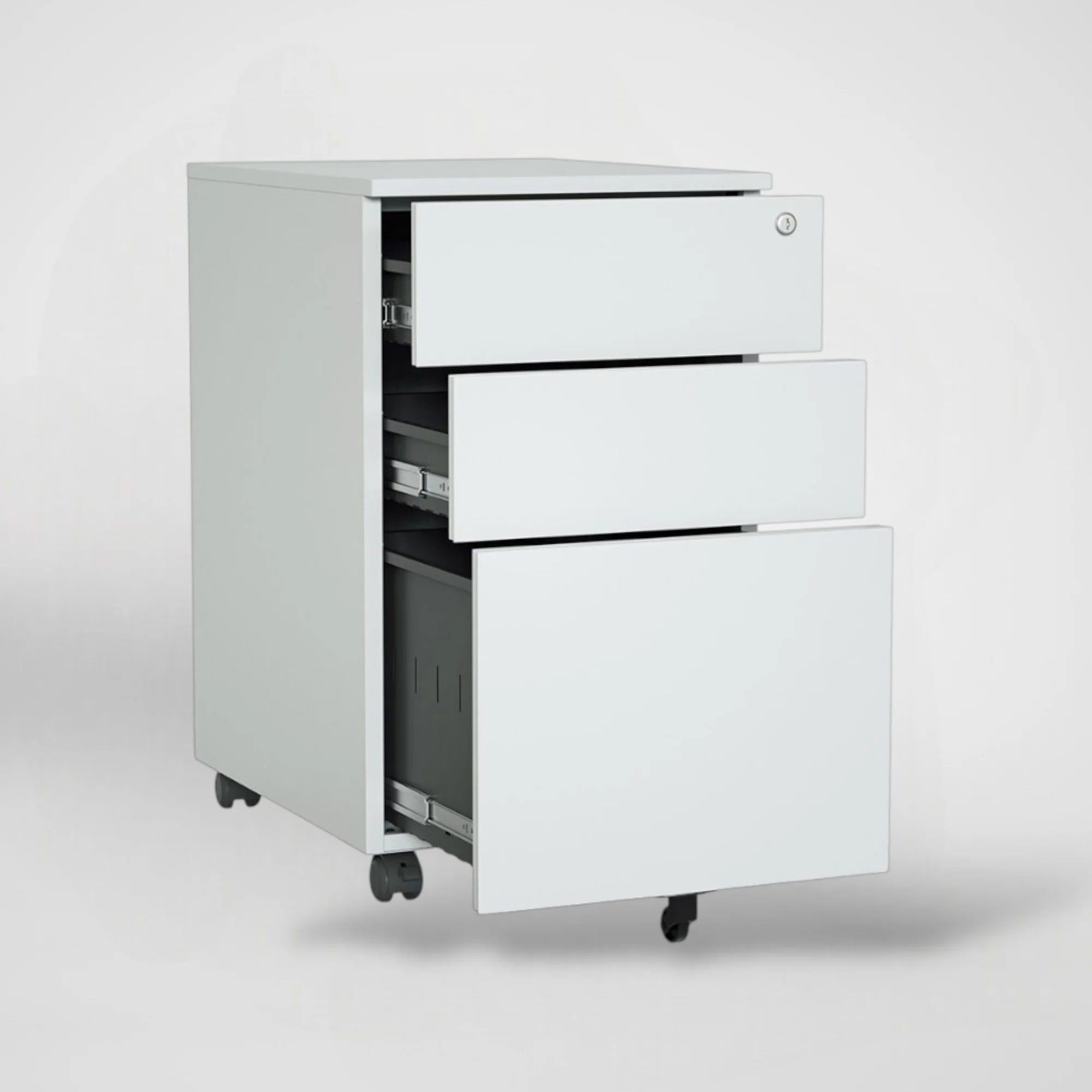 Archivador Móvil iOffice (Gavetero) 3 Gavetas, Acero, 1 cerradura, 2 llaves, Color Blanco.