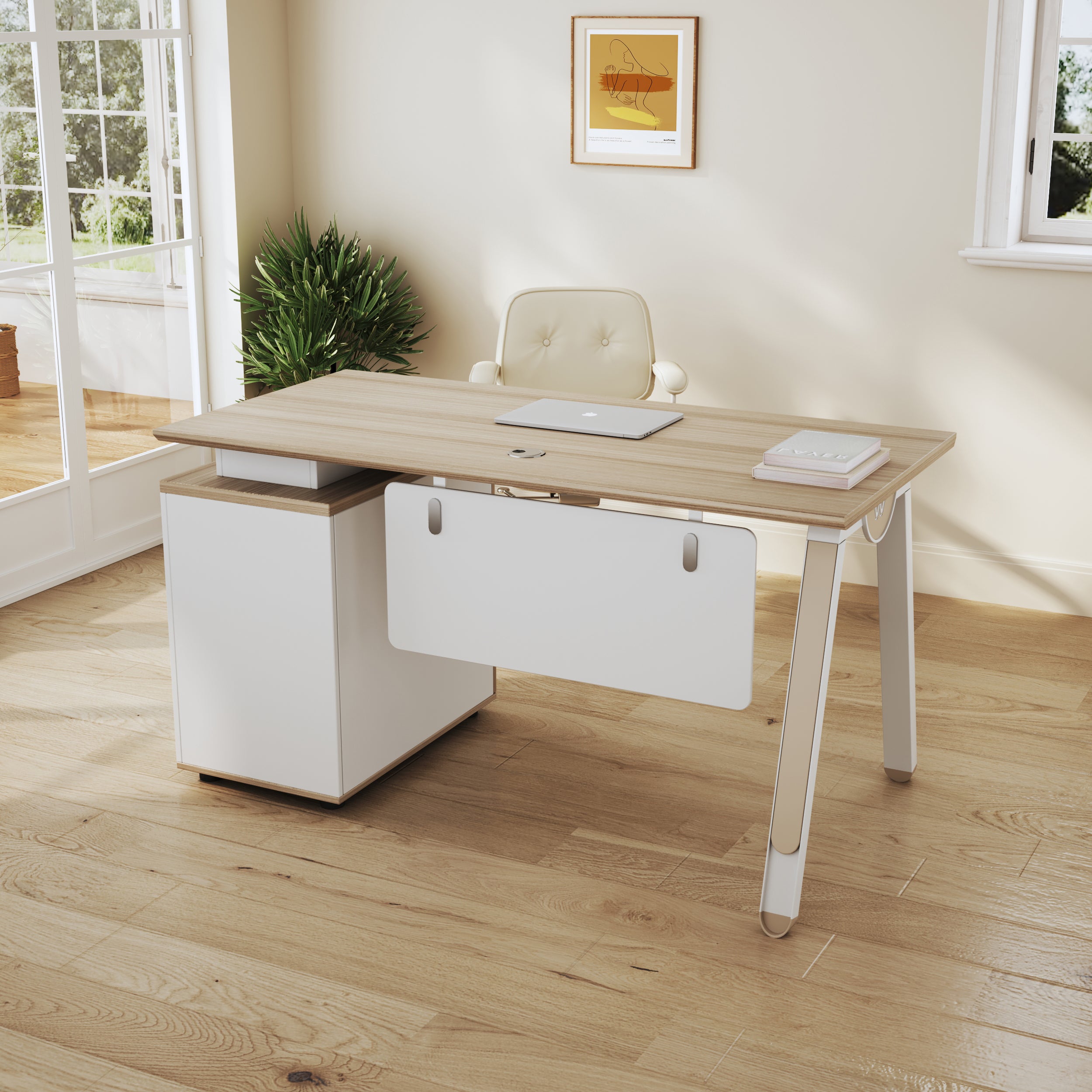 ESCRITORIO SIT COLOR BLANCO+BEIGE, BASE CUADRADA, 1 GAVETA, 1 ALMACENAMIENTO, W120CM x D60CM x H75CM