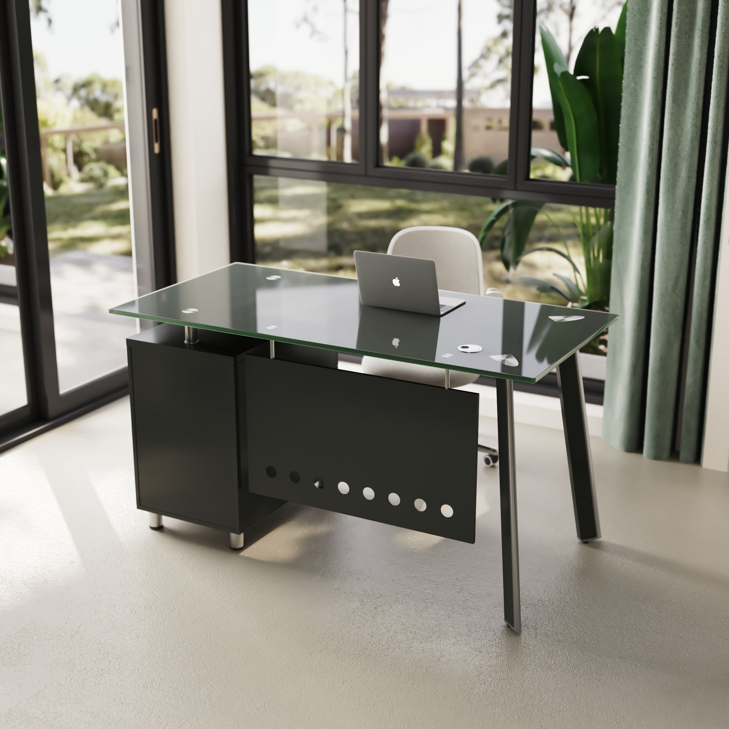 ESCRITORIO SIT COLOR GRIS, BASE CUADRADA VIDRIO TEMPLADO, 2 GAVETAS, BASE METALICA W120xD60xH75C