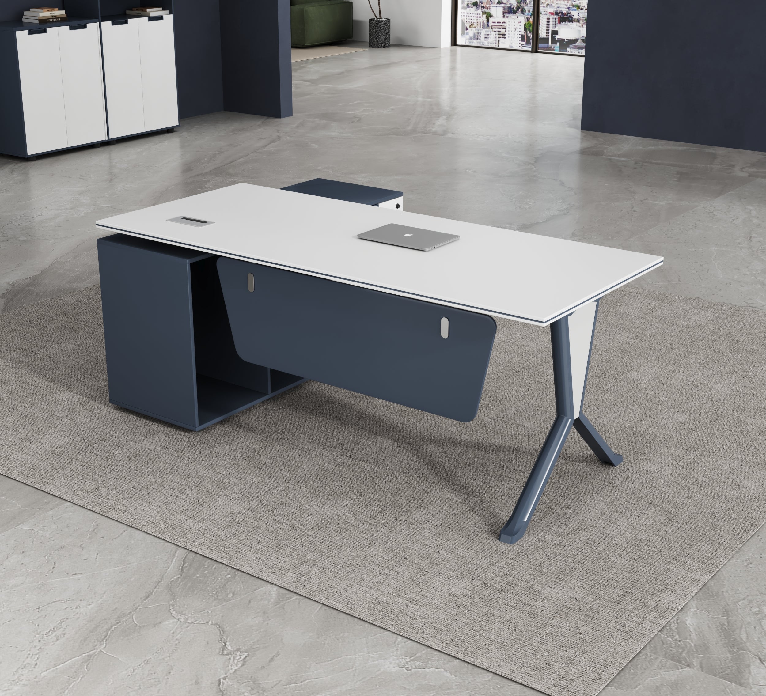 ESCRITORIO SIT TIPO L, BLANCO+AZUL NAVY, BASE CUADRADA,3 GAVETAS, 3 ALMACENAMIENTOS, W140xD70xH75cm