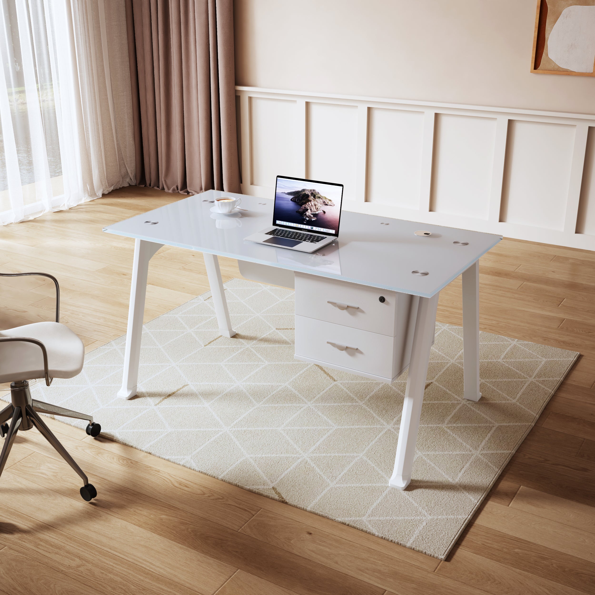 ESCRITORIO SIT COLOR BLANCO, BASE CUADRADA VIDRIO TEMPLADO, 2 GAVETAS, BASE METALICA W120xD60xH75C