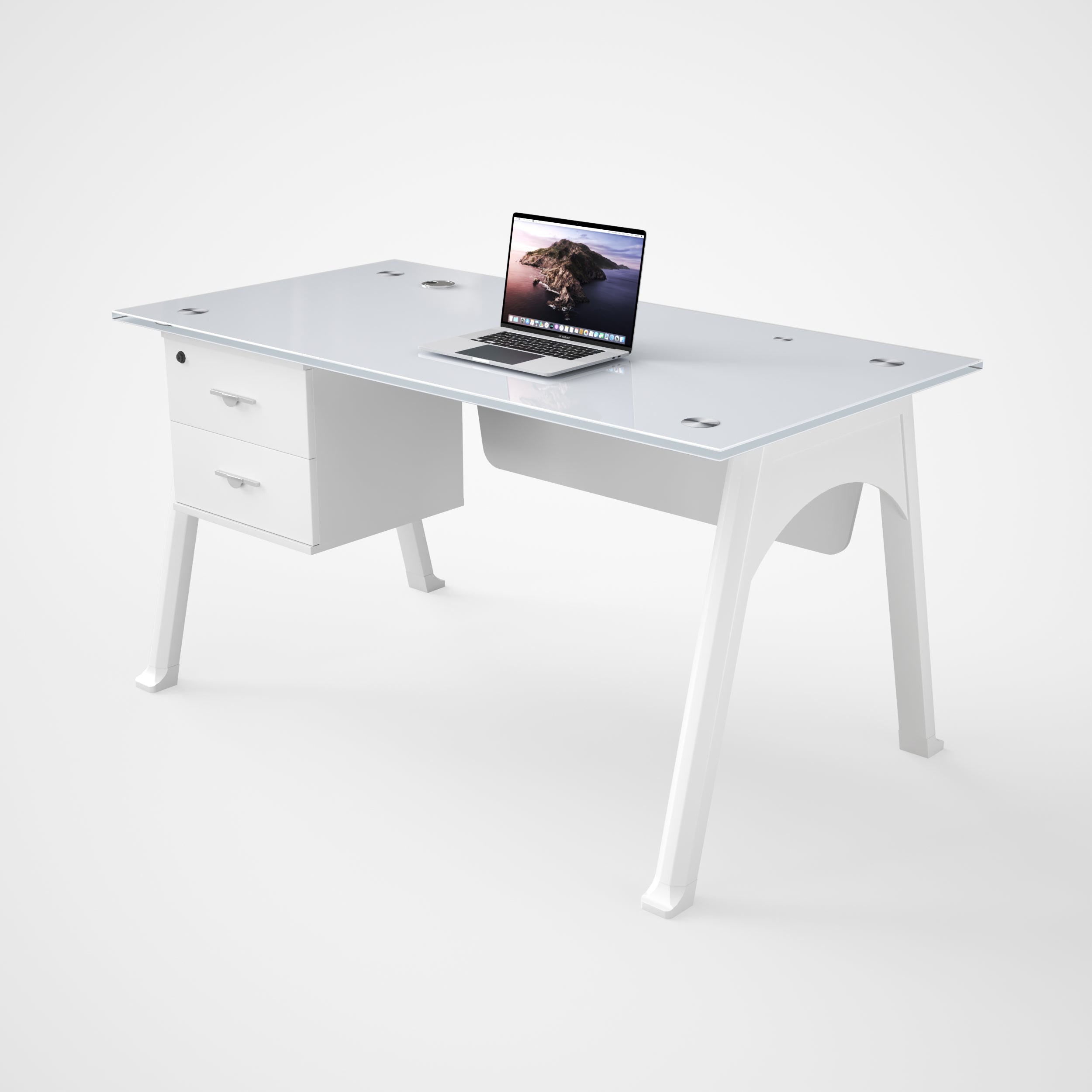 ESCRITORIO SIT COLOR BLANCO, BASE CUADRADA VIDRIO TEMPLADO, 2 GAVETAS, BASE METALICA W120xD60xH75C