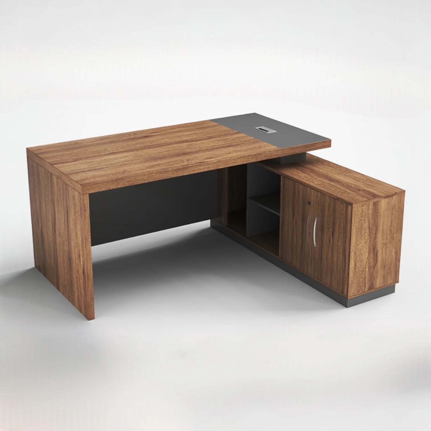 Escritorio de Oficina SIT, Tipo L, 2 puertas con Cerradura, Estantería, Color Madera + Gris Oscuro.