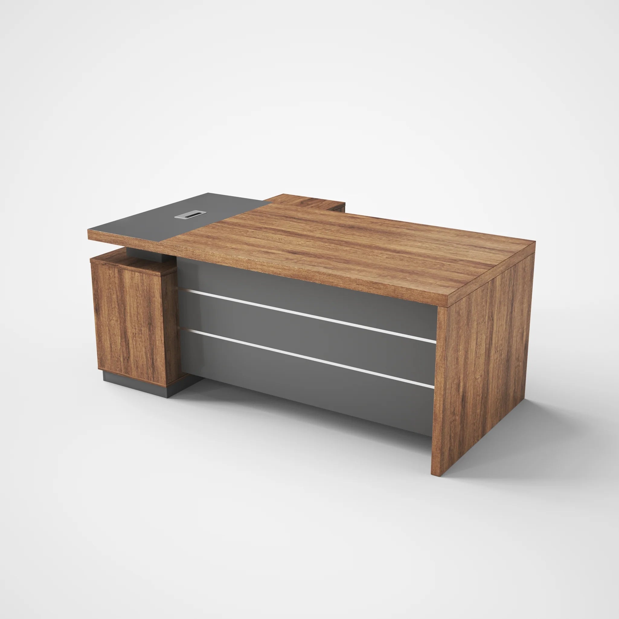 Escritorio de Oficina SIT, Tipo L, 2 puertas con Cerradura, Estantería, Color Madera + Gris Oscuro.