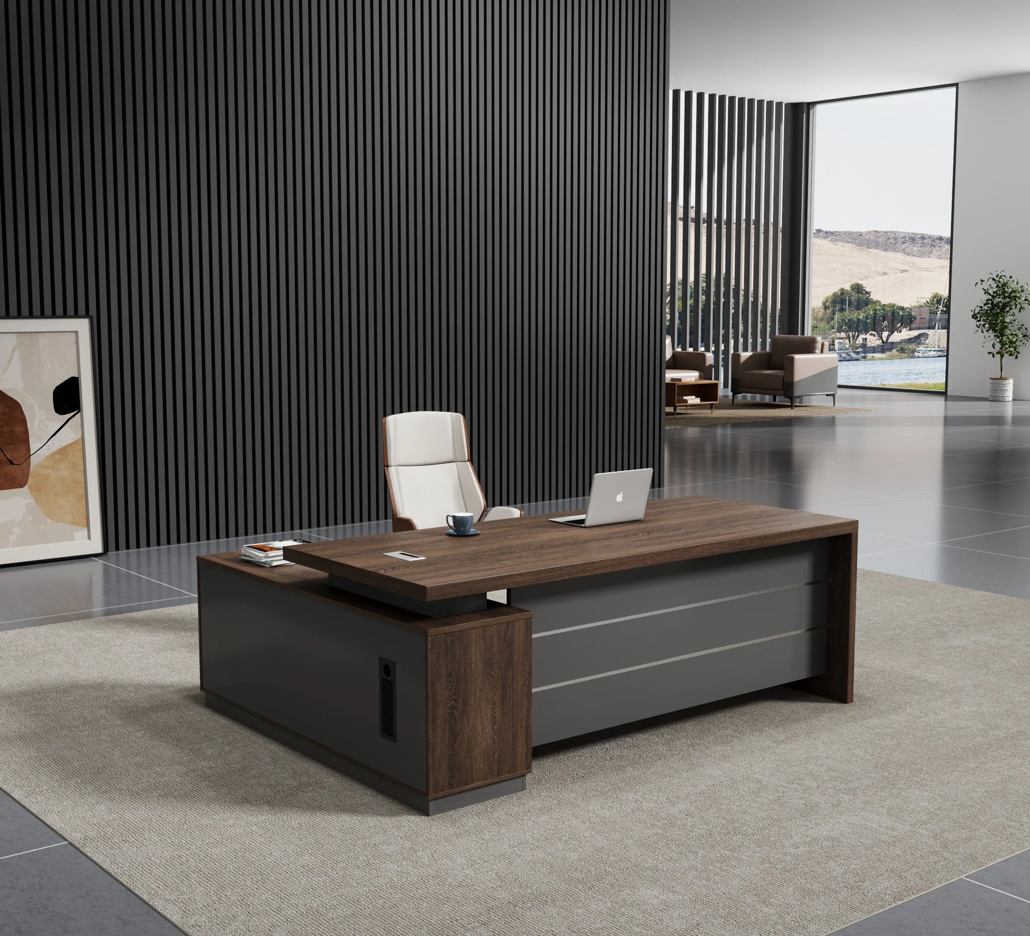 Escritorio de Oficina SIT, Tipo L, Estantería, 3 Gavetas con Cerradura, Color Expresso + Gris Oscuro.