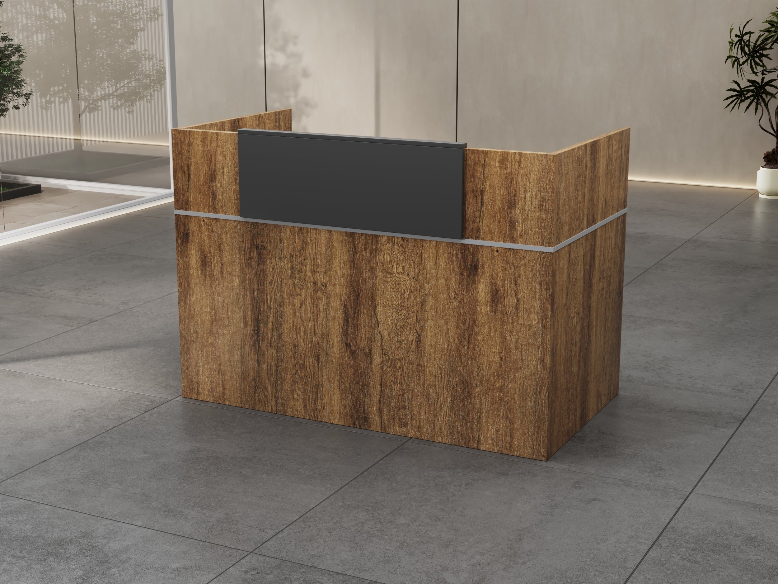 MOSTRADOR DE RECEPCION (COUNTER) SIT, PANEL FRONTAL COLOR CAFE+GRIS, AN140xPRO90xALTO105CM