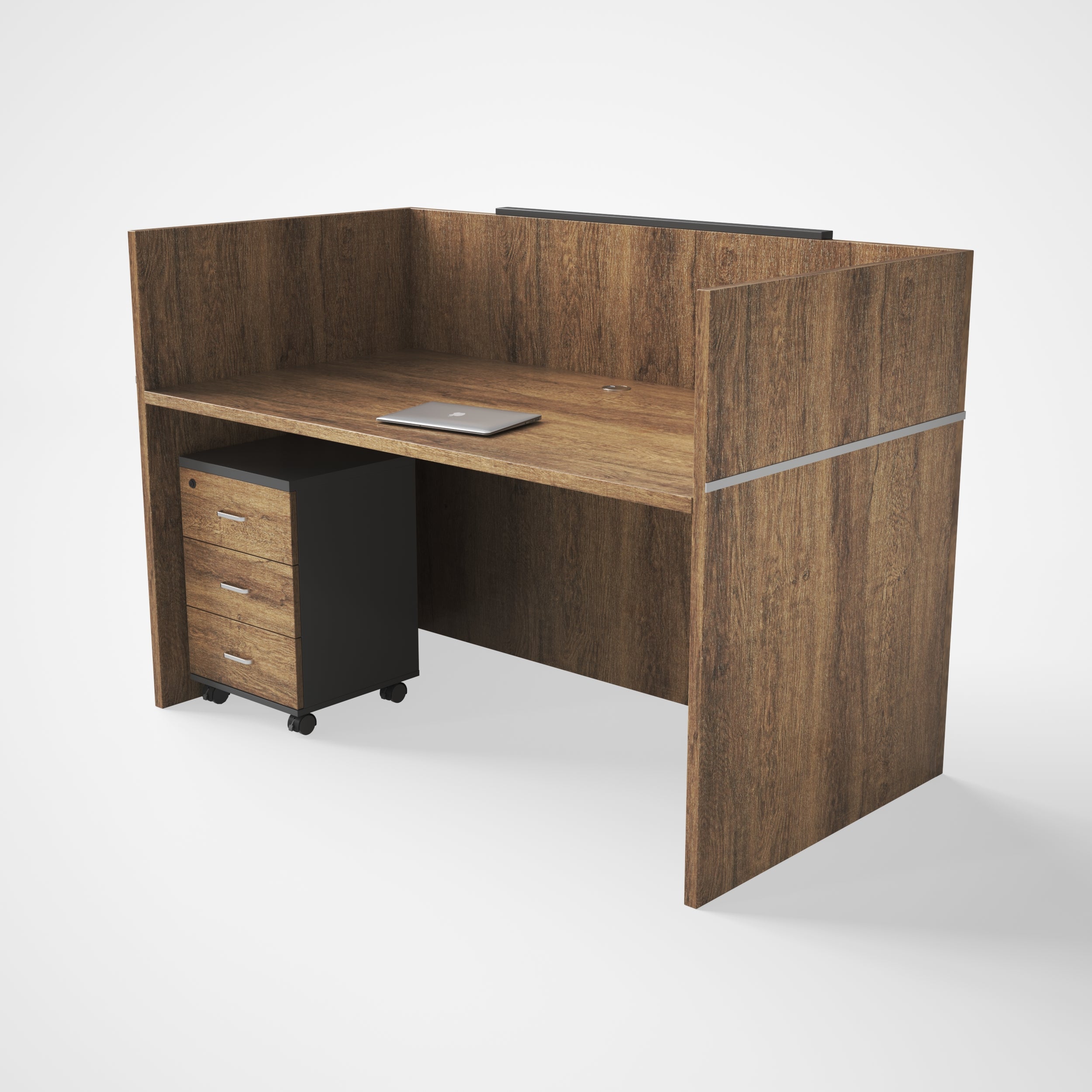 MOSTRADOR DE RECEPCION (COUNTER) SIT, PANEL FRONTAL COLOR CAFE+GRIS, AN140xPRO90xALTO105CM