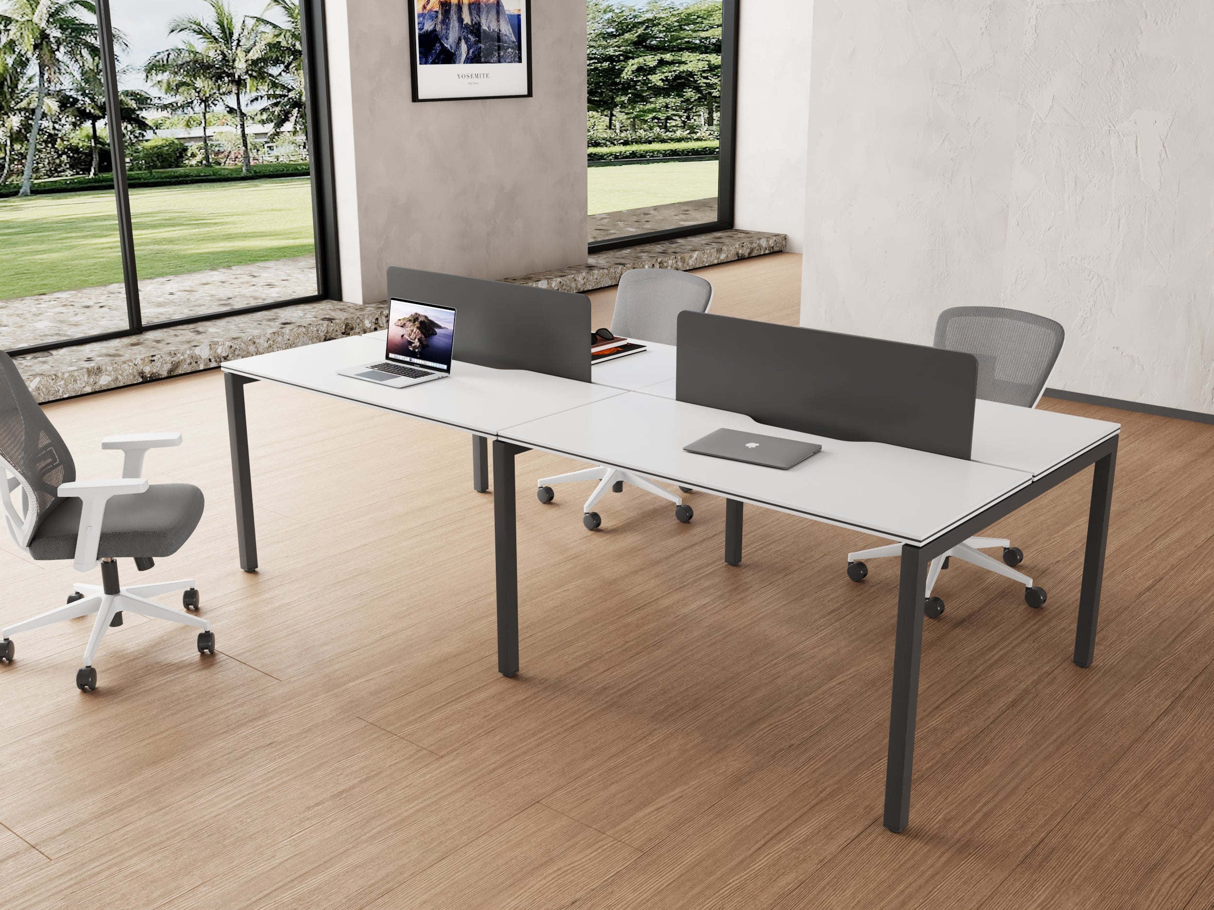 ESTACION DE TRABAJO SIT (WORKSTATION) 4 MODULOS, SIN GAVETAS, PANEL PRIVADO, BLANCO/GRIS