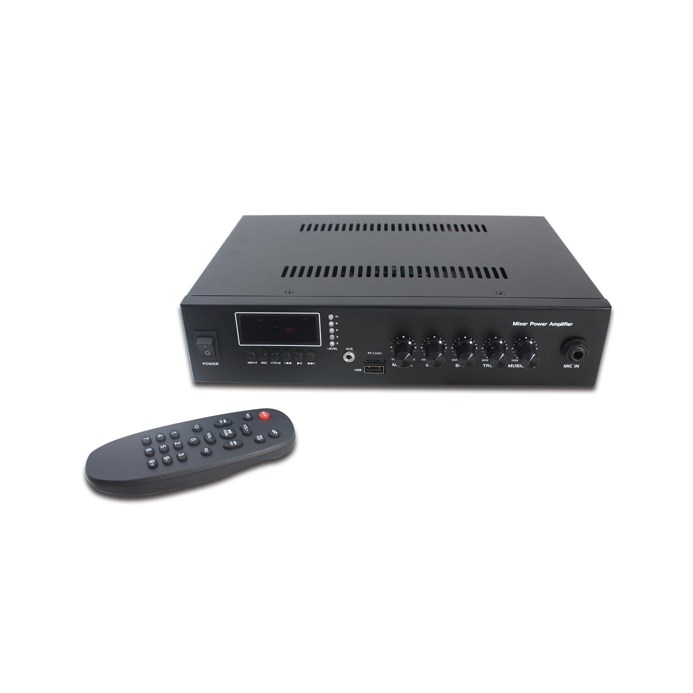 Amplificador SKAUDIO de 80w 100/70v, 40ohms, Bluetooth, USB, Función de Respaldo, 12/24 VDC.