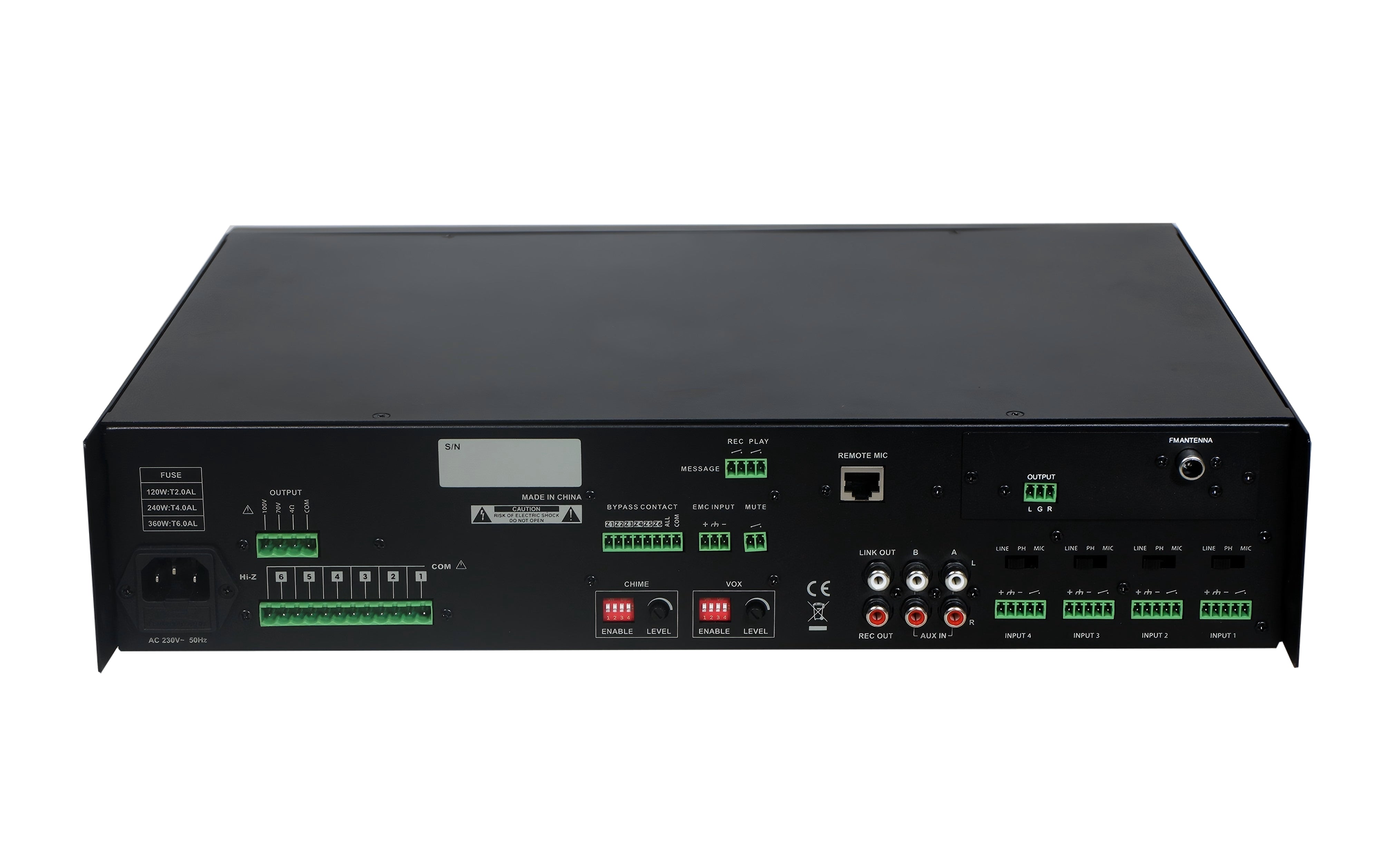 Amplificador SKAUDIO, de 6 Zonas, 240w, 4,8ohms, 70/100v Bluetooth, FM, USB.