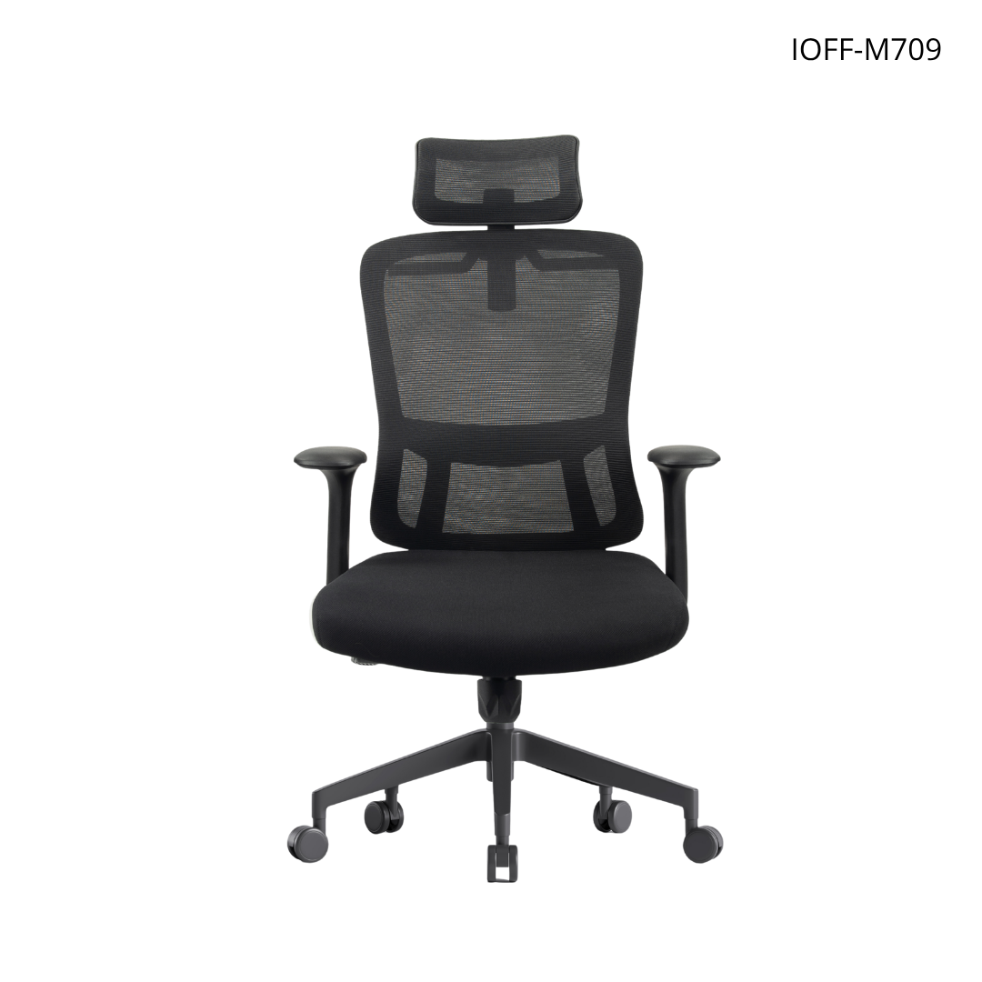 Silla ejecutiva respaldo alto, malla negra, reposacabezas ajustable, apoyabrazos fijos y base nylon | IOFF-M709