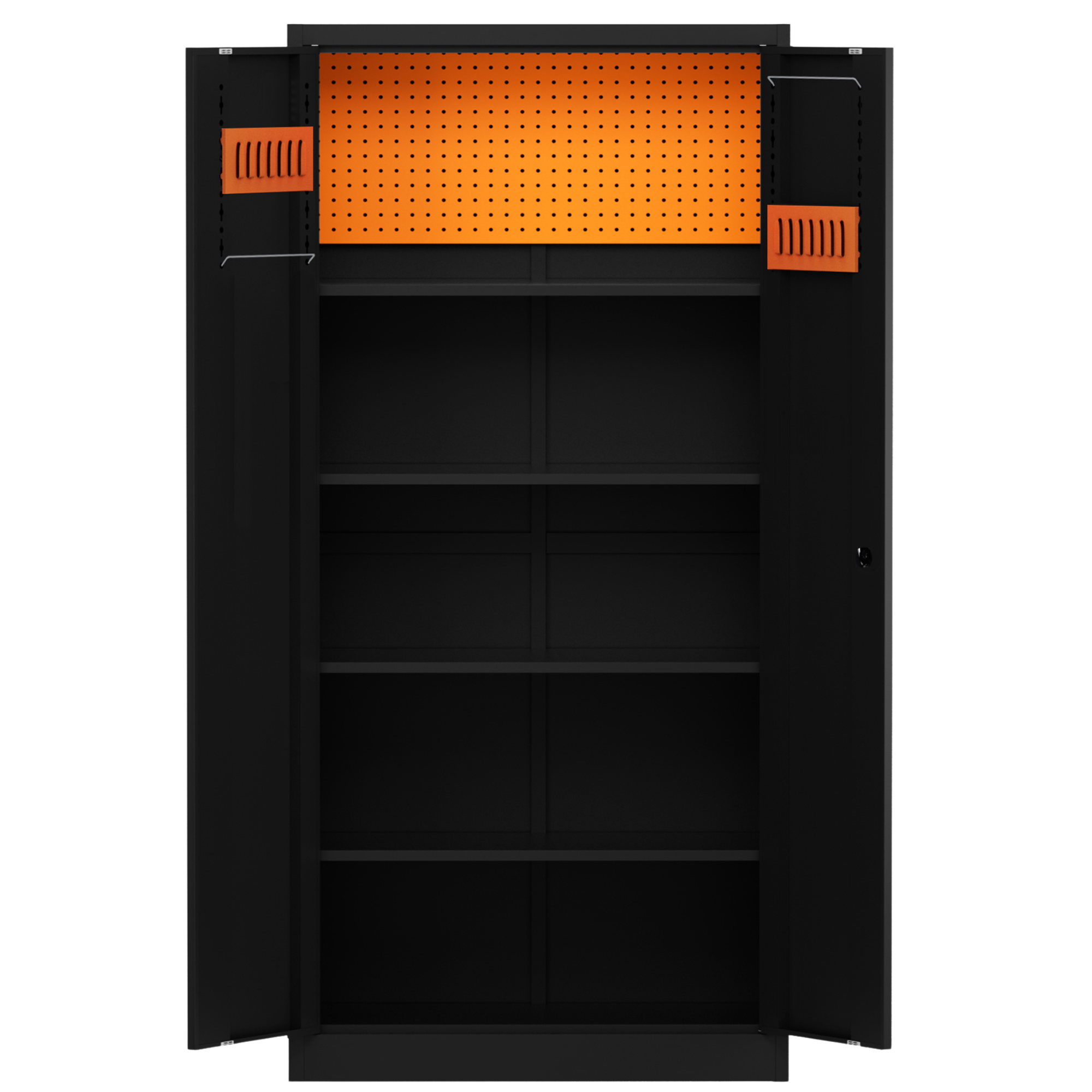 Armario de Herramientas iOffice, Acero, 4 Estantes ajustables + Tablero perforado, Color negro.