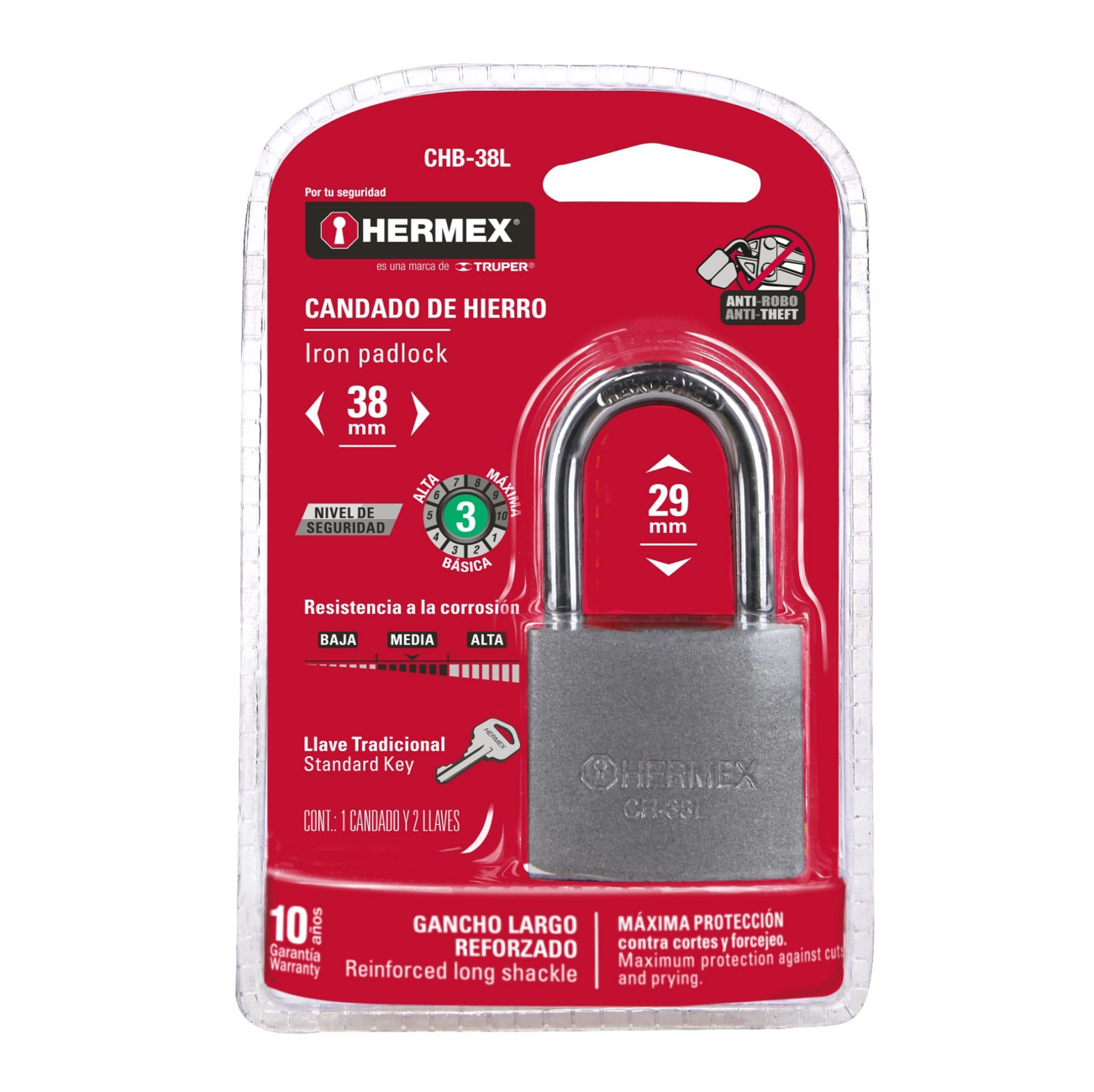 Candado de Hierro Hermex 38MM / Gancho Largo.