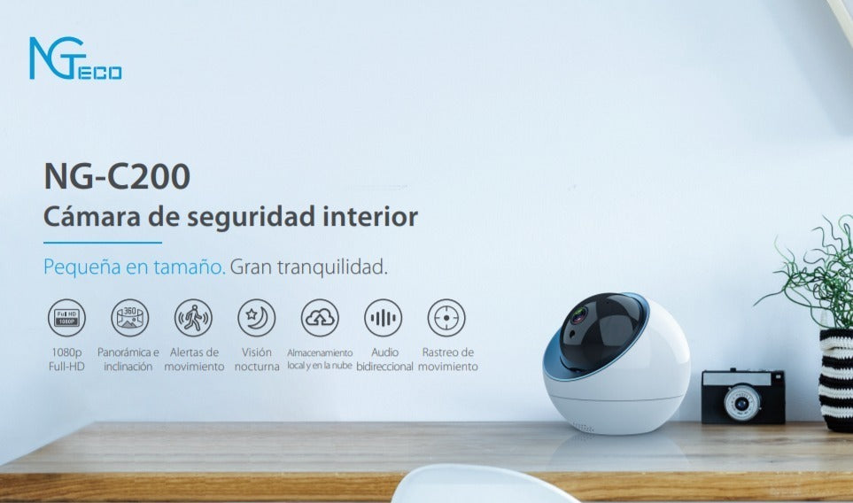 Cámara NGTECO PT Wifi IP 2MP / Lente 3.6mm / IR 10Mts / Audio de dos vías / Detección de Movimiento.