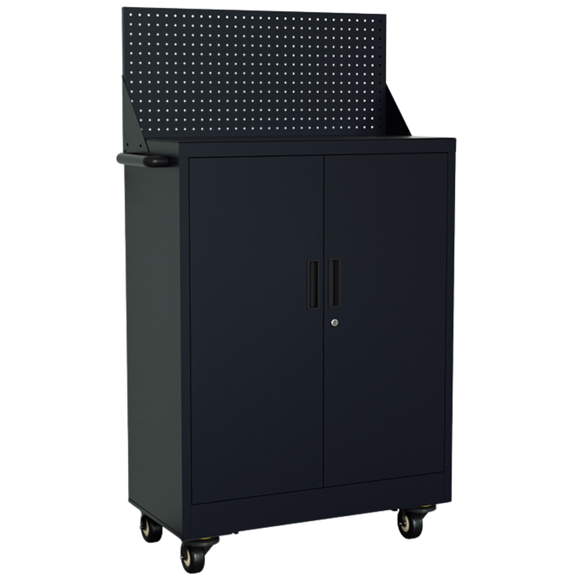 Carro de herramientas iOffice, Acero, 2 Estantes ajustables + Tablero perforado, Ruedas pesadas, Color Negro.