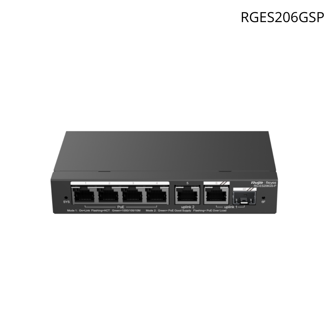 Switch administrable Ruijie de 6 puertos Gigabit, 4 puertos POE802.3AF/AT, gestión desde la nube, 54 W RGES206GSP