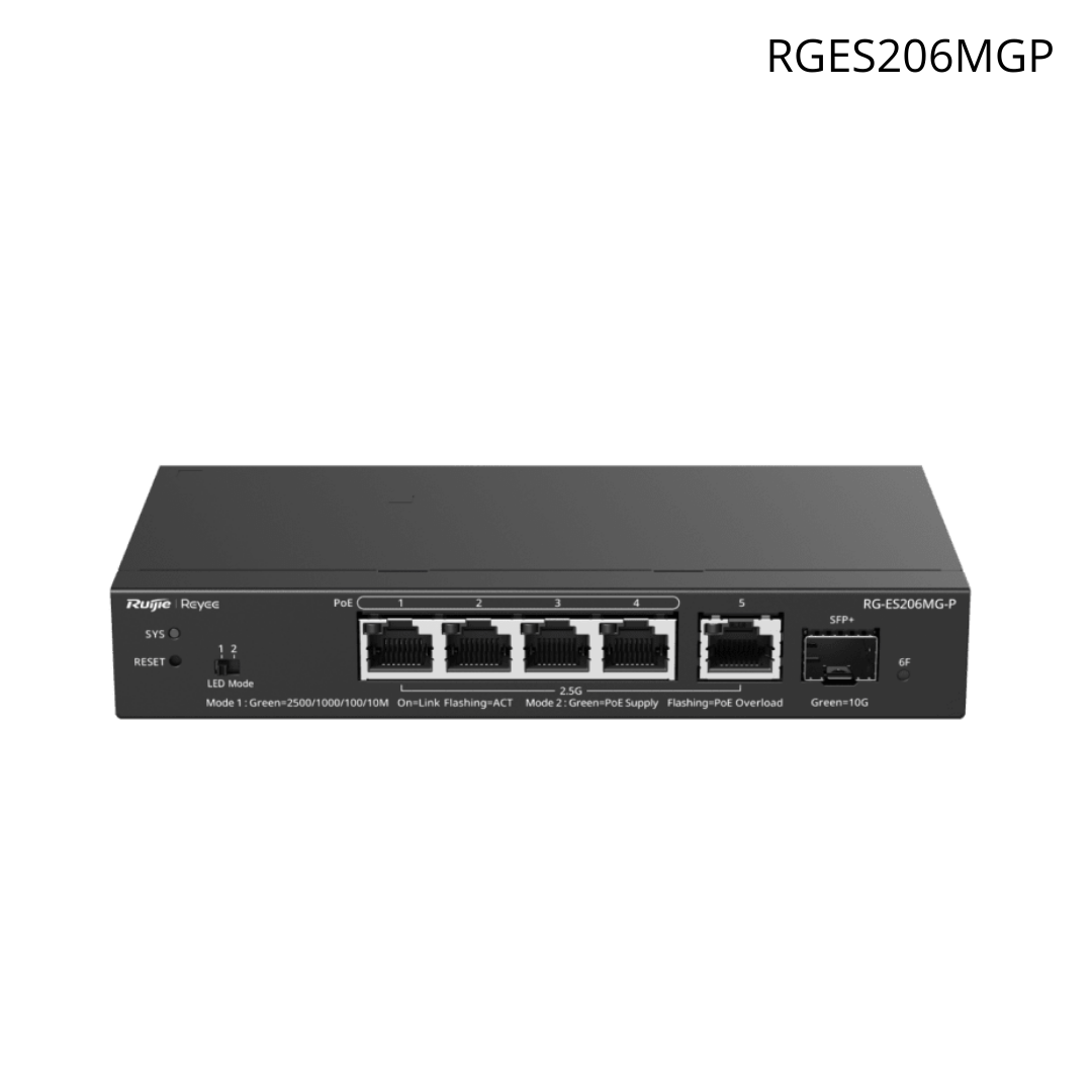Switch Ruijie administrable capa 2 PoE+ con 5 puertos multi-gigabit 2.5 gb hasta 70W PoE 802.3 AF/AT RGES206MGP