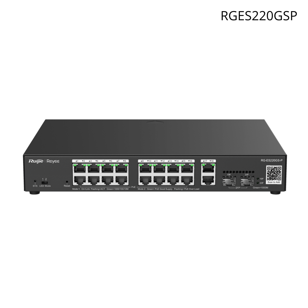Switch PoE Ruijie administrable, 20 puertos gigabit, 16 PoE, 250 W RGES220GSP