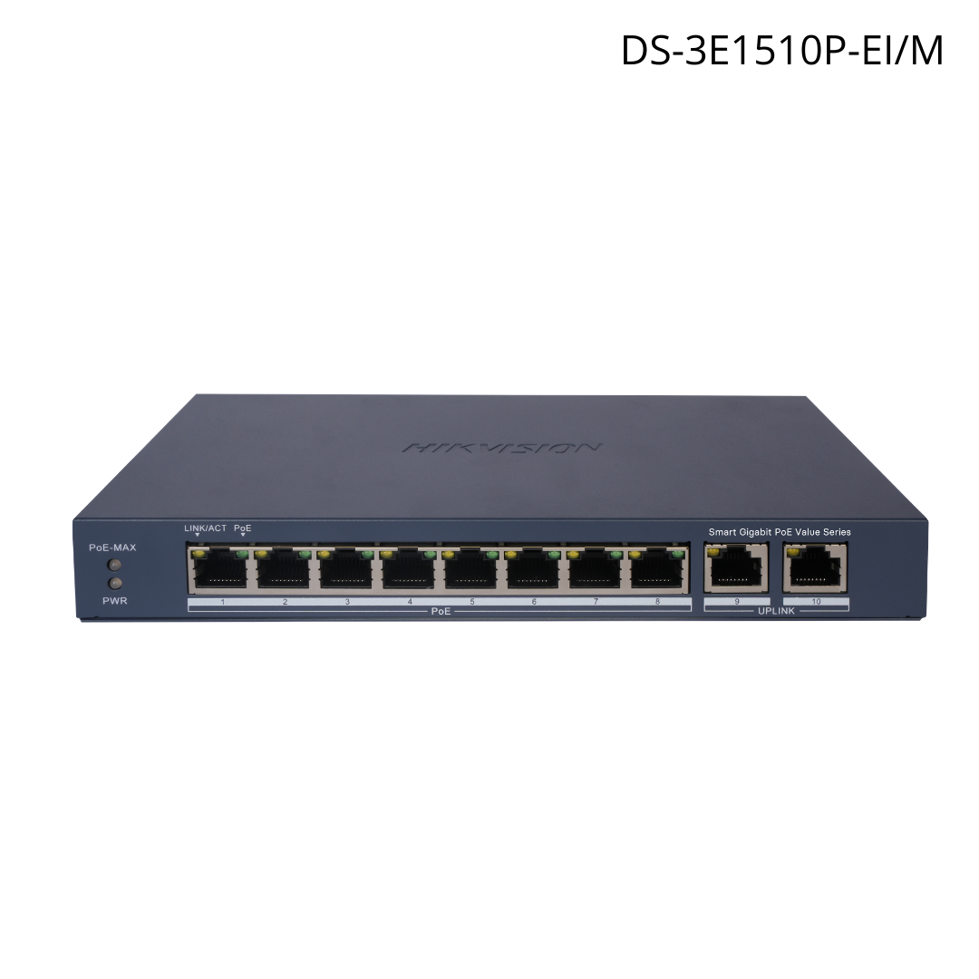 Switch HIKVISION 8 puertos Gigabit PoE + administrable en nube hasta 300 mts + 2 UpLinks DS-3E1510P-EI/M