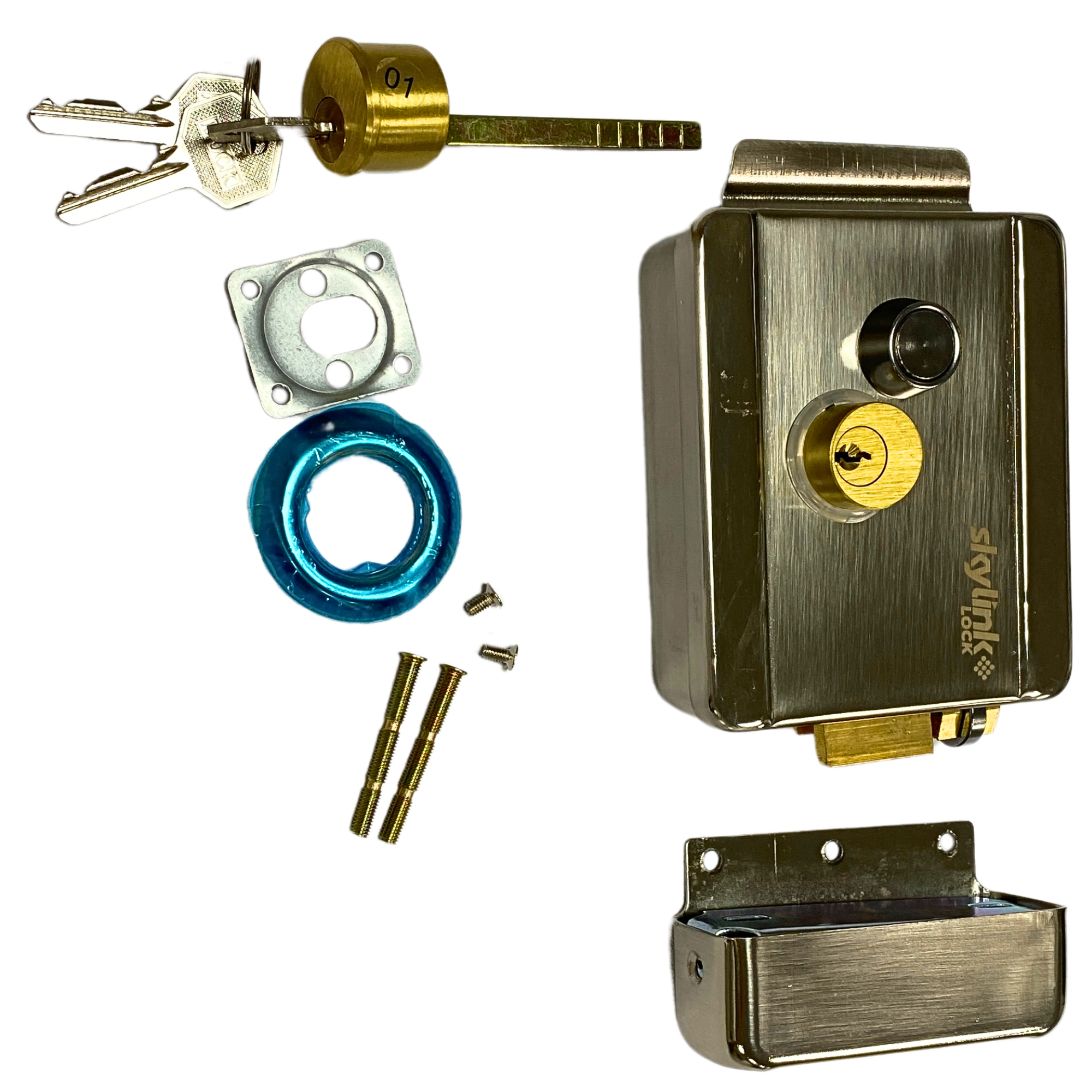 CERRADURA ELECTRICA SKYLINK CON BOTON DE SALIDA, INCLUYE LLAVE, EXTERIOR, IZQUIERDA Y DERECHA