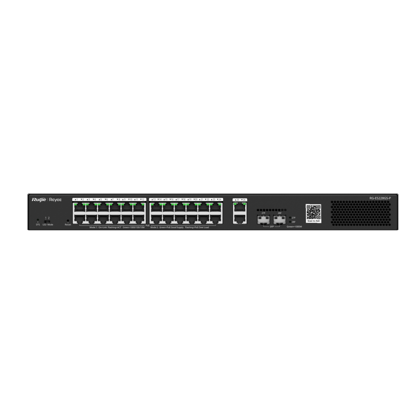 Switch Ruijie PoE administrable, 28 puertos gigabit, 370 W, reconocimiento de cámaras IP, 56 Gbps RGES228GSP