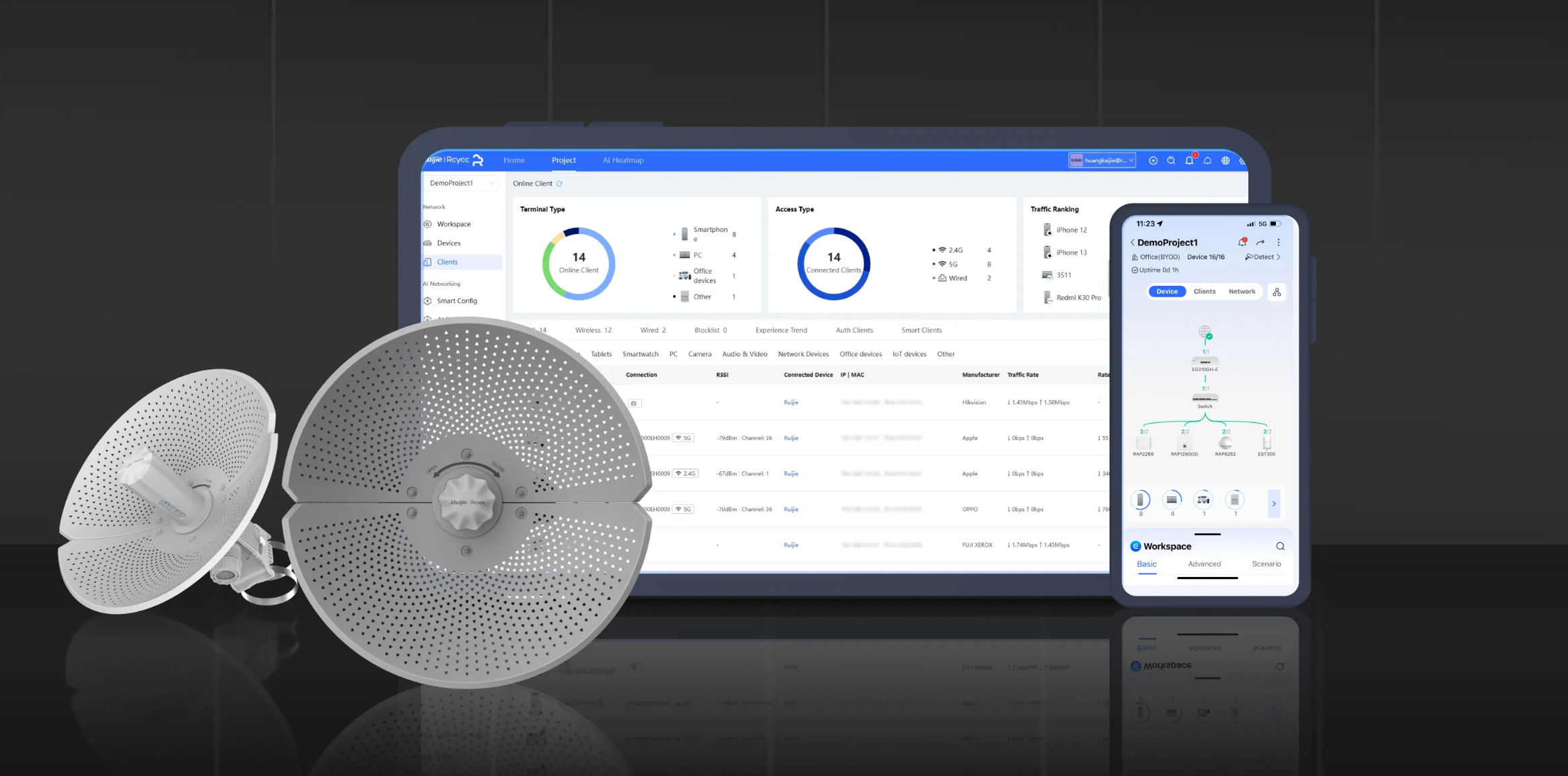 PUENTE INALÁMBRICO RUIJIE PARA PTMP/PTP, 1 PUERTO GE, 1P65, HASTA 15 KM, GESTIÓN EN LA NUBE