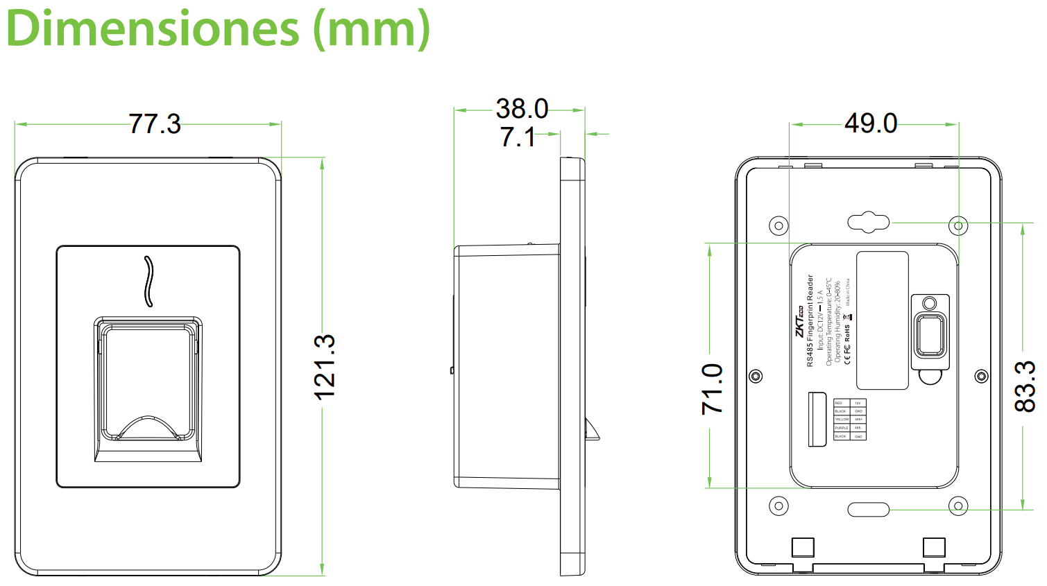 Lector ZKTeco de huella y tarjeta 125 KHz IP65 para paneles  INBIO/INBIOPRO/STANDALONE