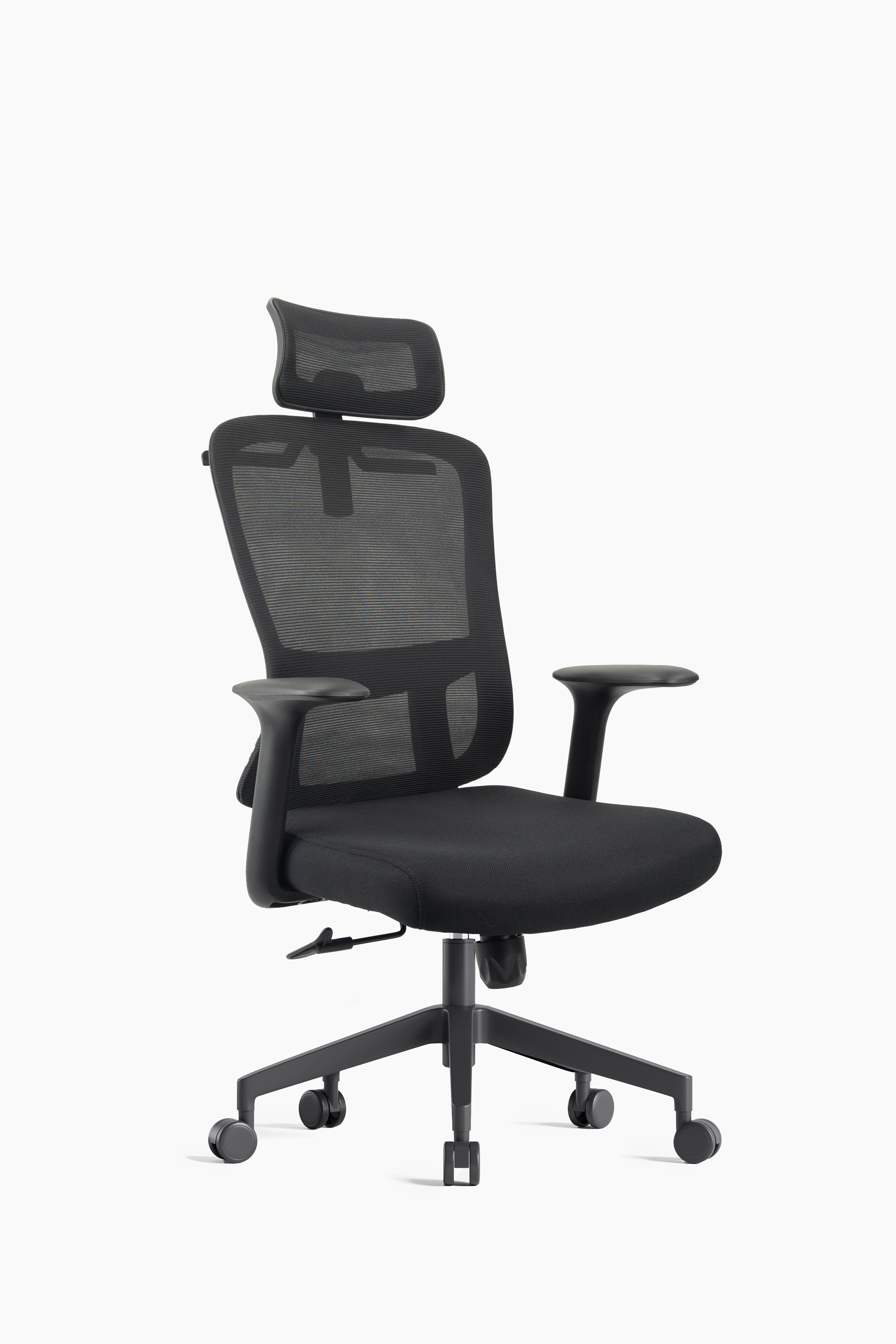 Silla ejecutiva respaldo alto, malla negra, reposacabezas ajustable, apoyabrazos fijos y base nylon | IOFF-M709