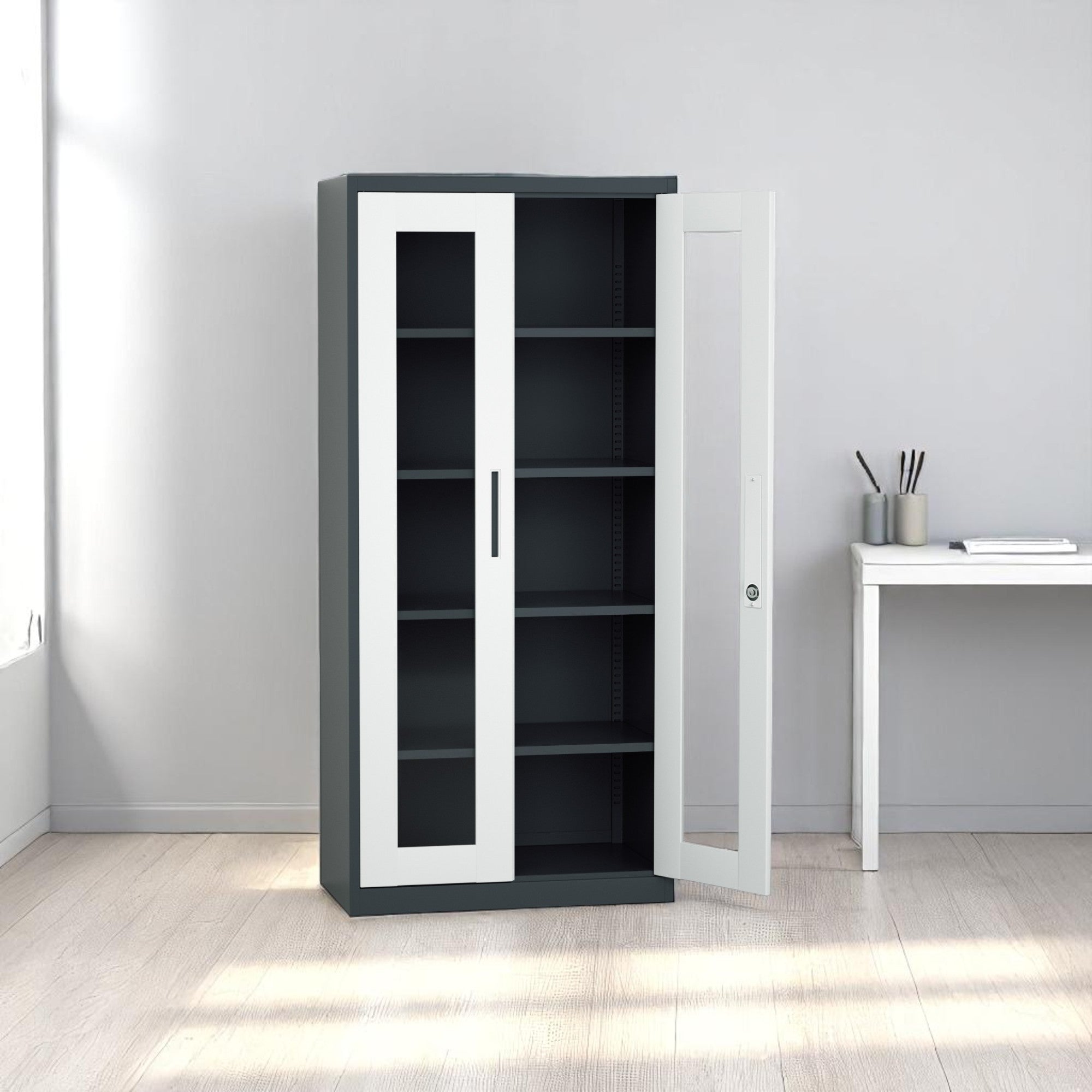 ARMARIO IOFFICE ARCHIVADOR 2 PUERTAS DE VIDRIO, ACERO,GRIS CLARO Y NEGRO, AJUSTABLES,185x90x40cm