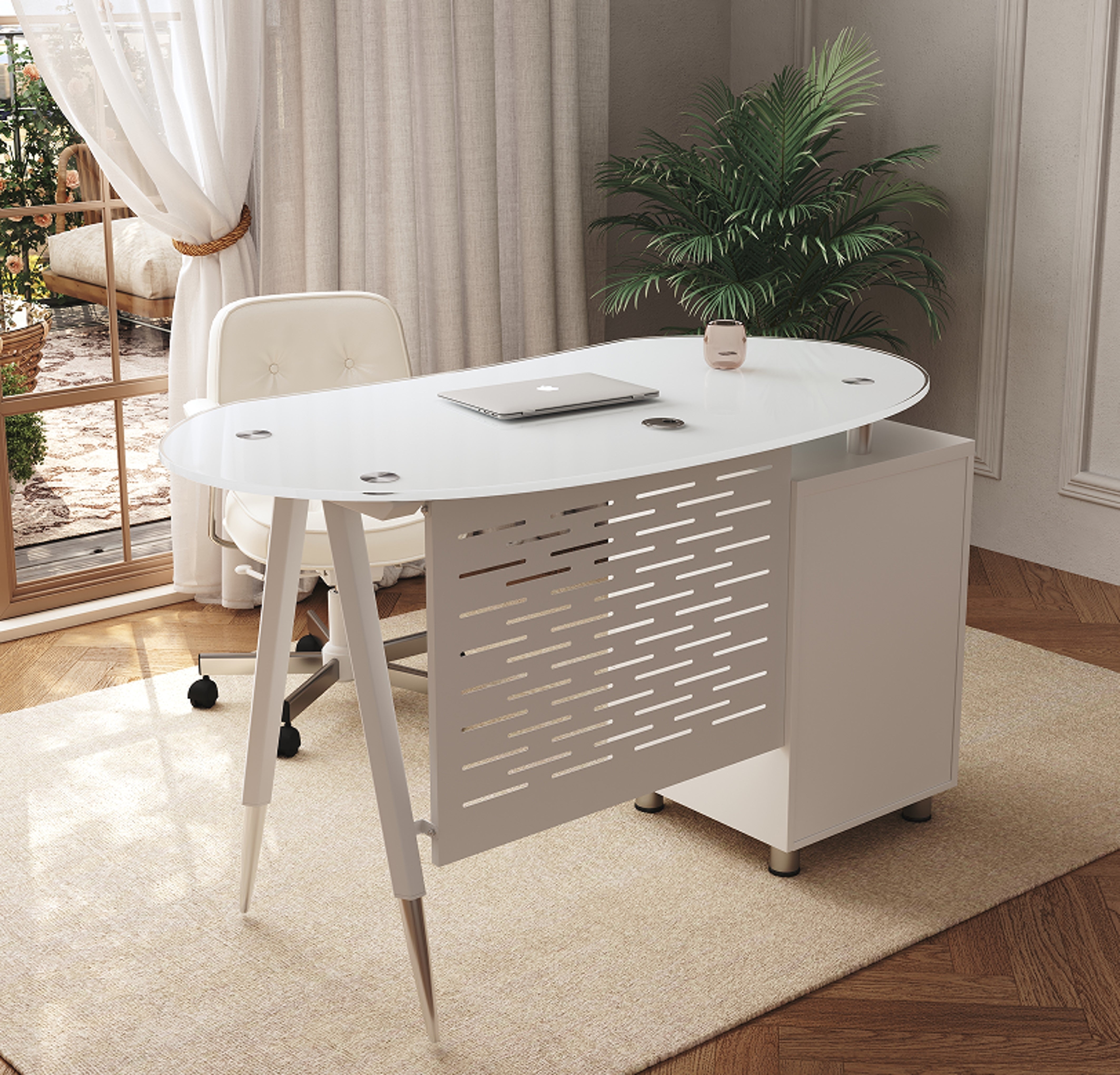 Escritorio de Oficina SIT, Color Negro, Base Ovalada de Vidrio con 3 Cajones.