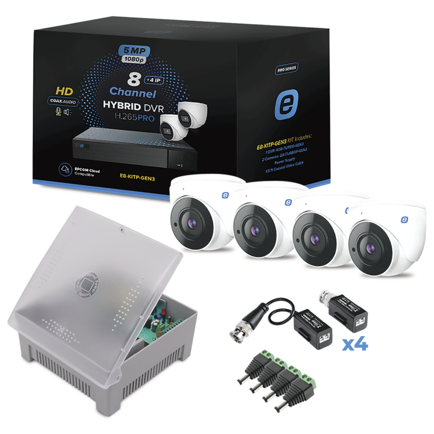 Kit E-Series GEN3, TurboHD 5MP, DVR 8 Canales + 4 Cámaras Domo Metálica + Fuente de Poder + Accesorios de Instalación. NDAA.