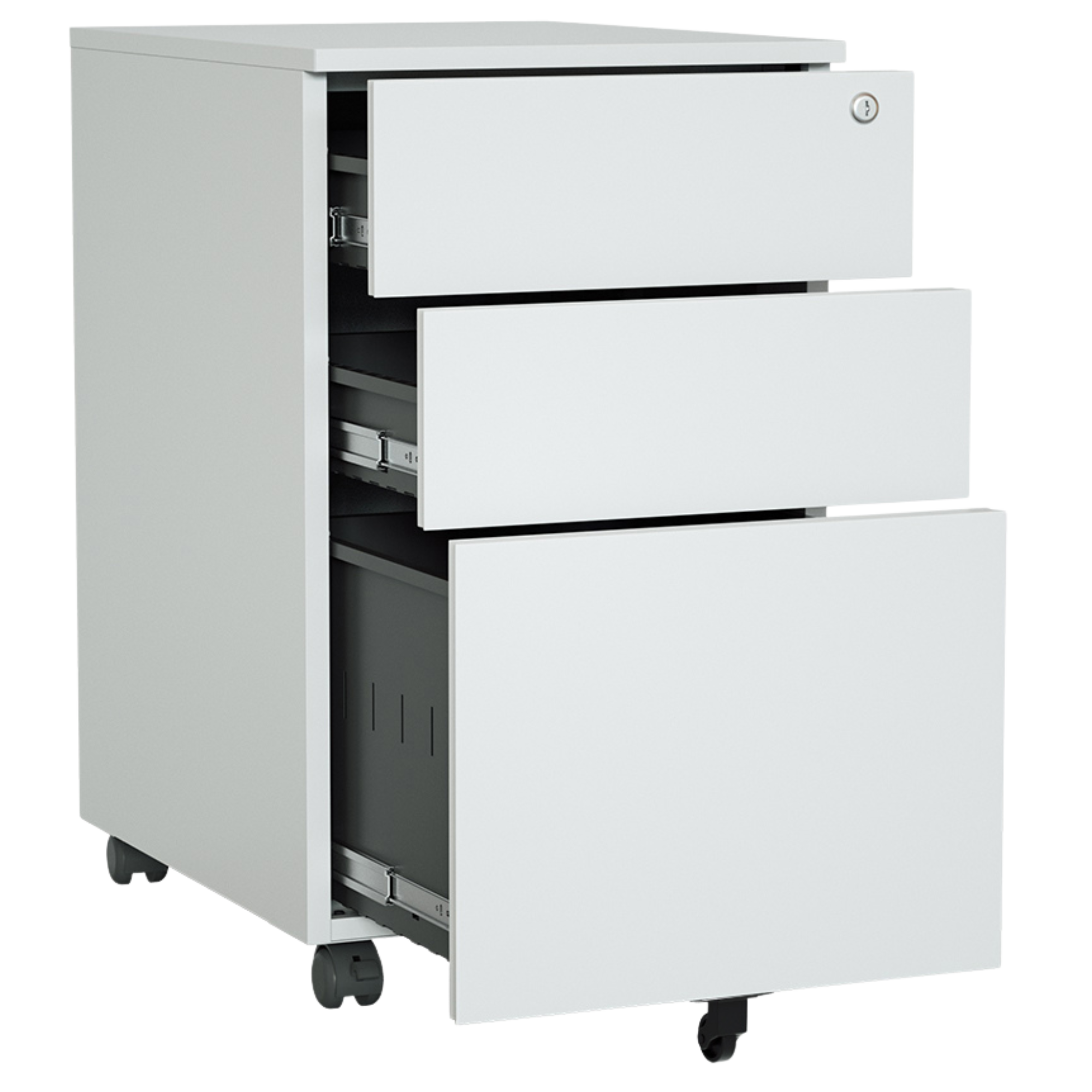 Archivador Móvil iOffice (Gavetero) 3 Gavetas, Acero, 1 cerradura, 2 llaves, Color Blanco.